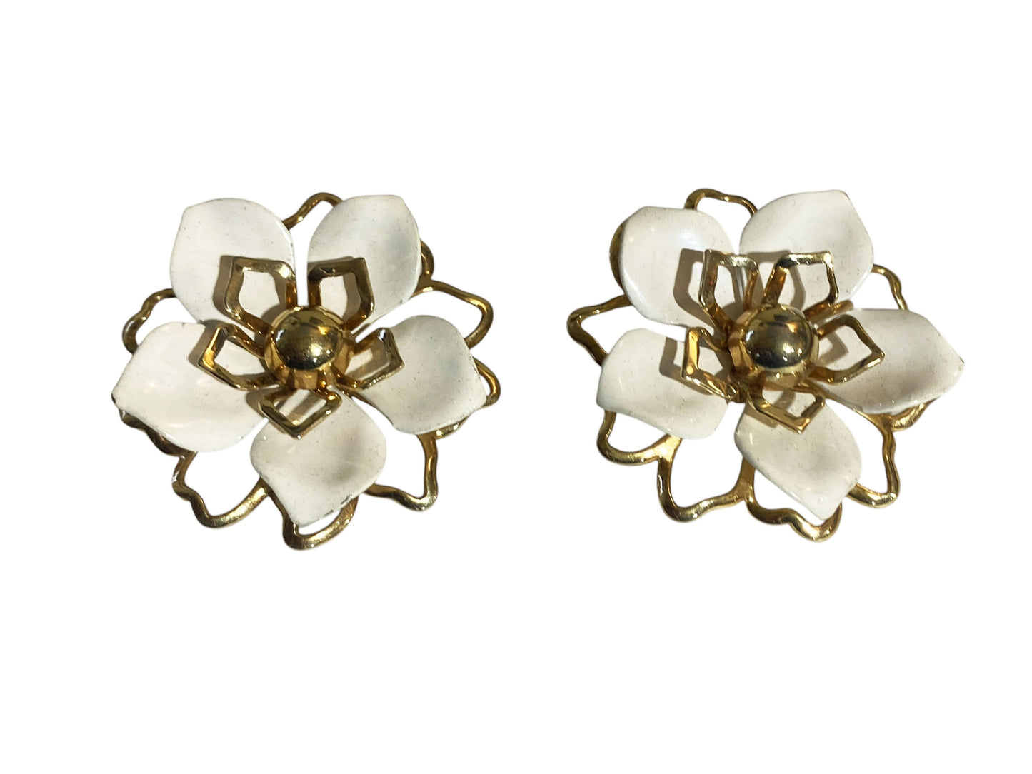 #6308 Vintage Signed Emmons Off White Enamel Gold Tone Clip On Earrings
