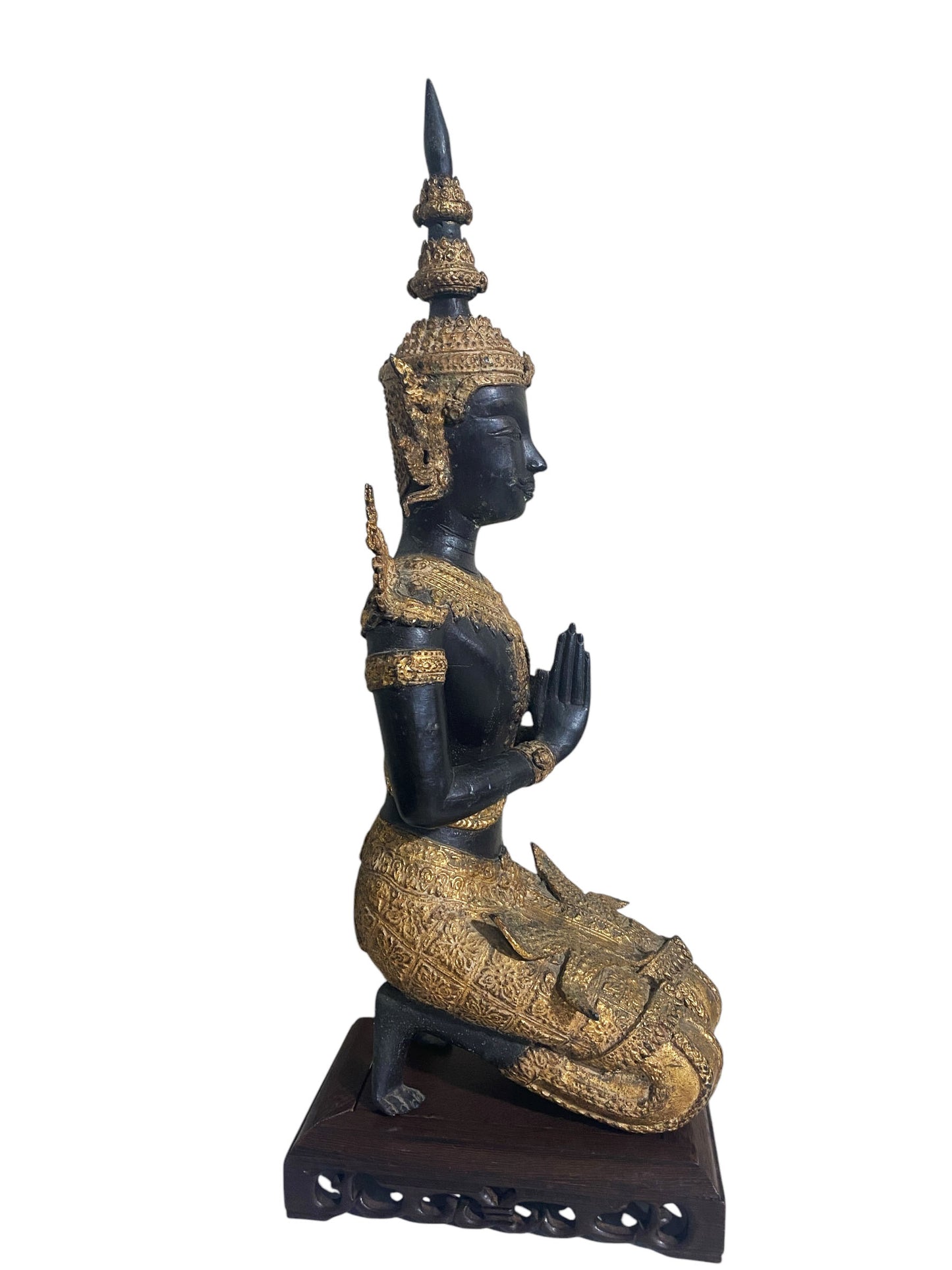 #5679 Vintage Gilt Bronze Thai Statue Teppanom Sacred Guardian Angel Sculpture Statue On Stand 19.5" H