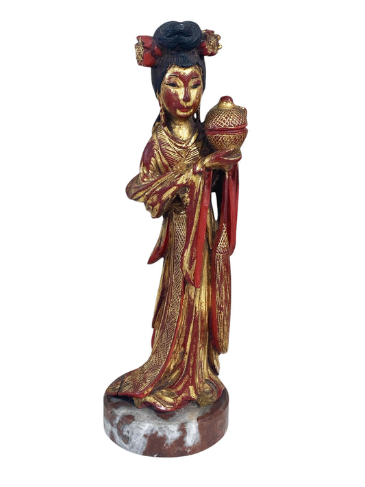#6435 Chinoiserie Sculpture Wood of a Female Deity on Marble Stand