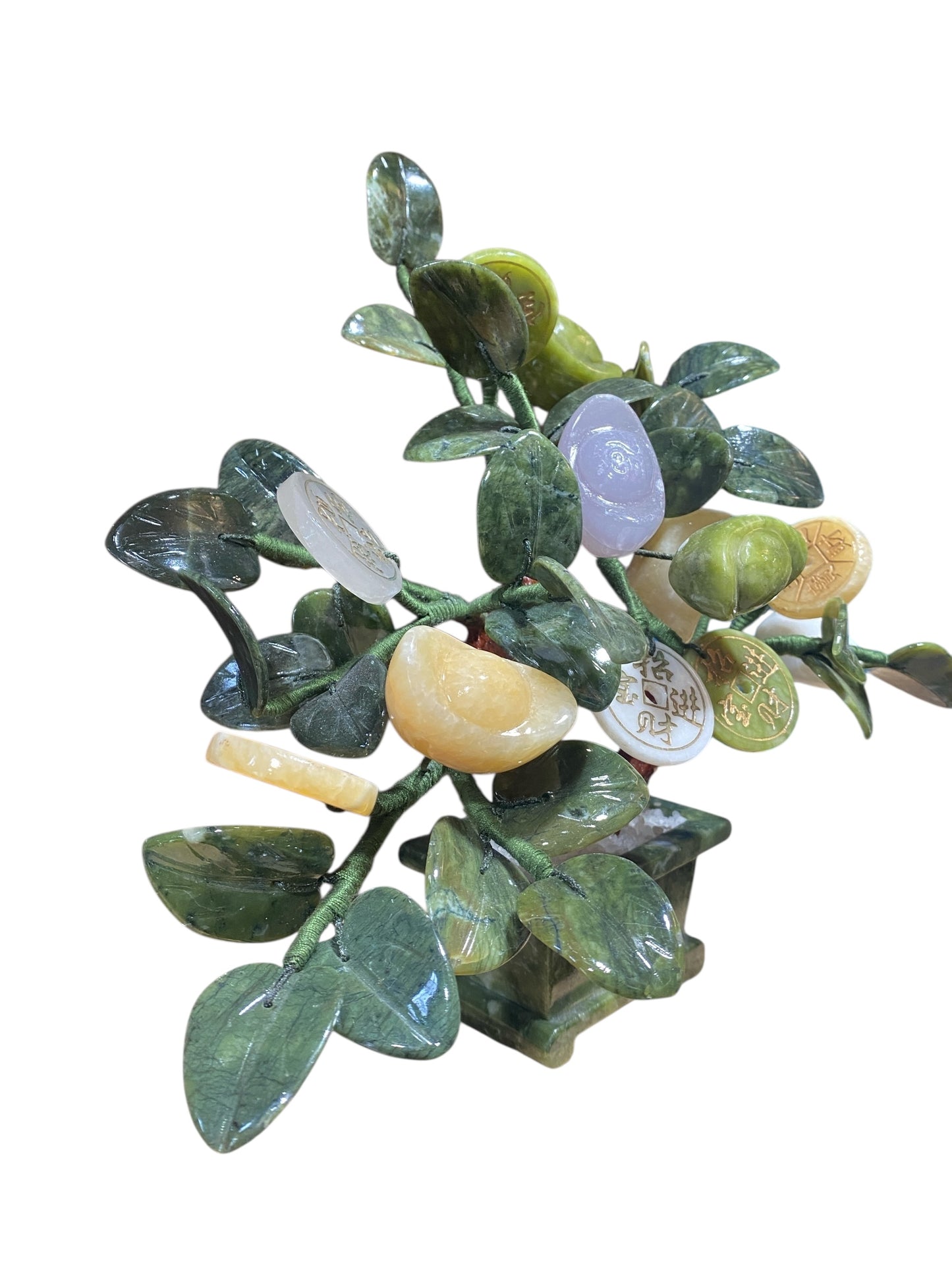 #6785 Vintage Carved Jade color Soap Stone Bonsai Lucky Money Tree 11" H