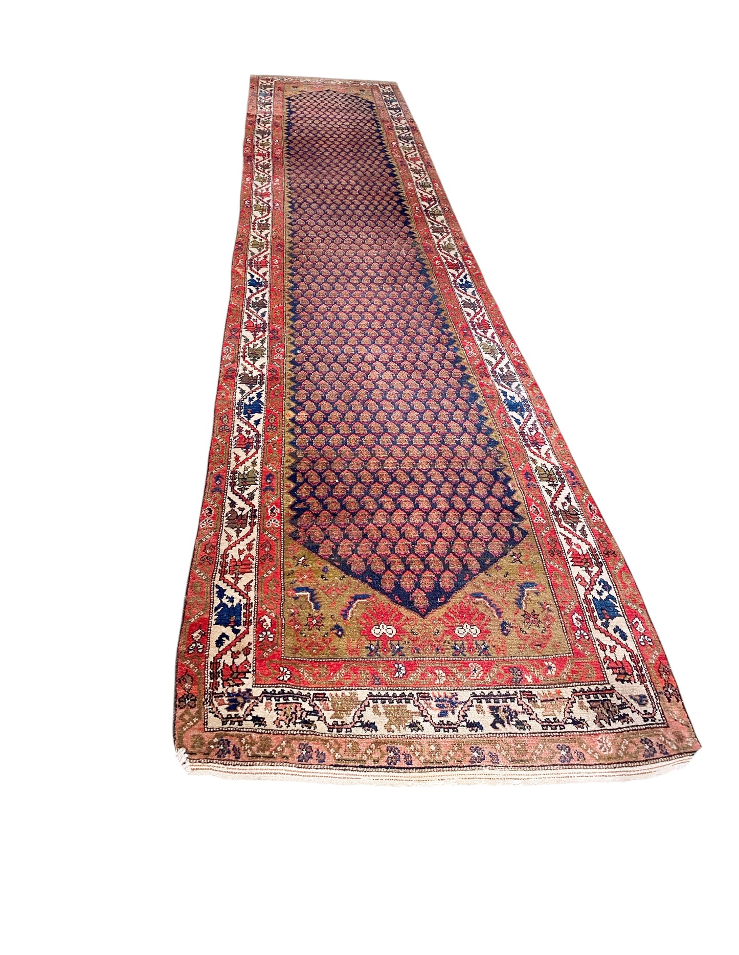 #535 Antique Malayer Paisley Design Runner in Red, Orange, and Blue 3'8 by 16'