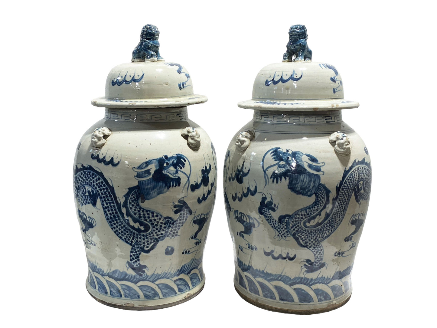 #7268 Large Chinoiserie Dragons Ginger Jars Set Of Two 24" H