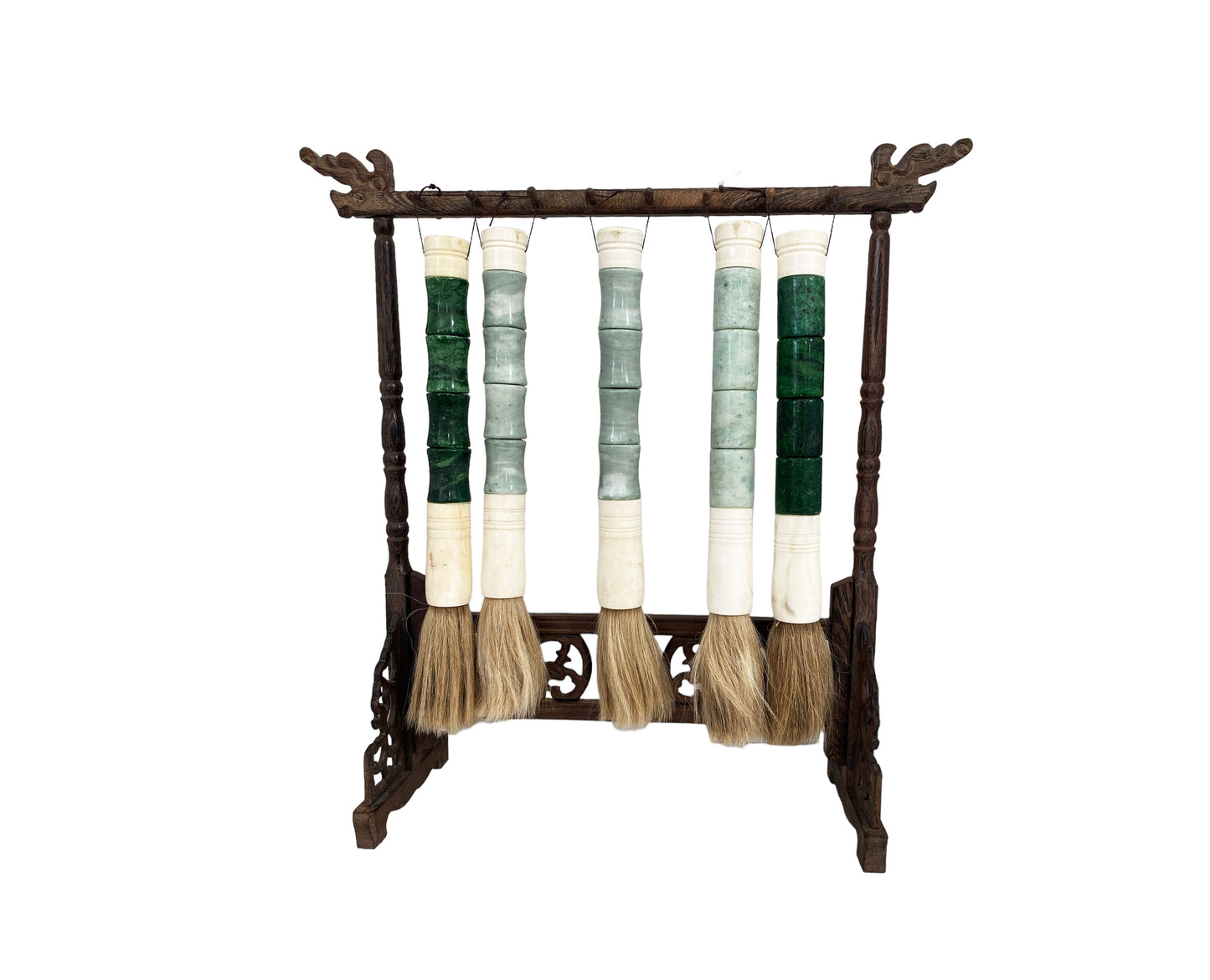 #6135 Chinoiserie Chicken Wood Stand With Five Calligraphy Brushes 19" H