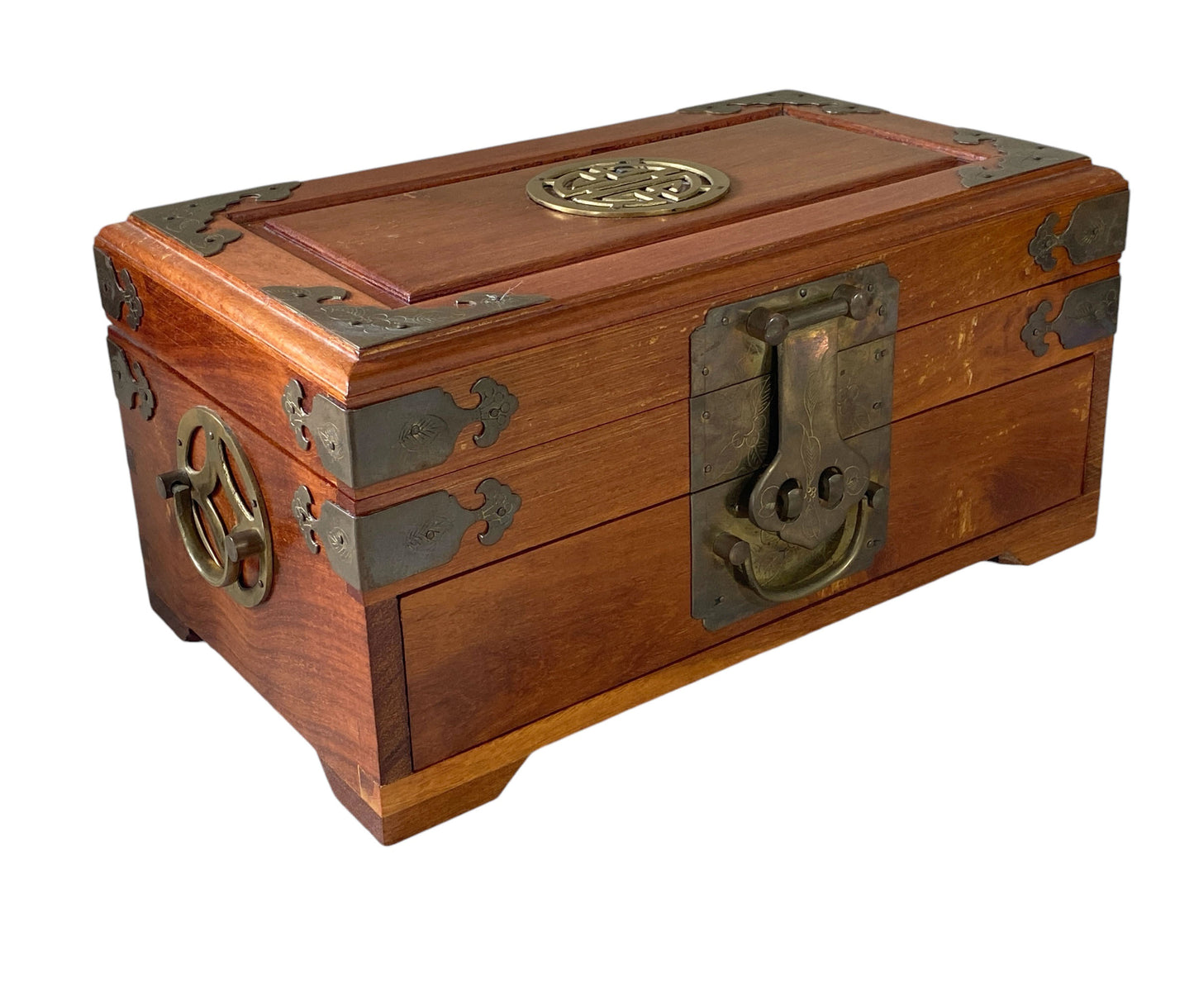 #6234 Vintage Asian Wood & Brass Jewelry Or Storage Box 12" W