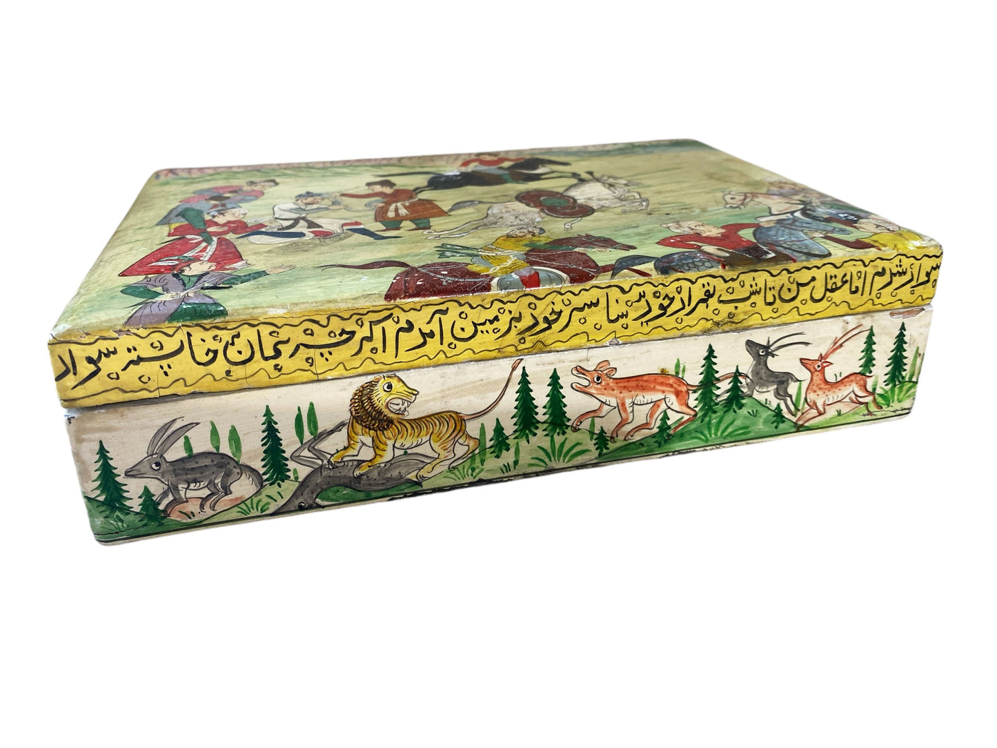 #6229 Vintage Kashmiri Hunting Scene Wooden Trinket Box 8" W