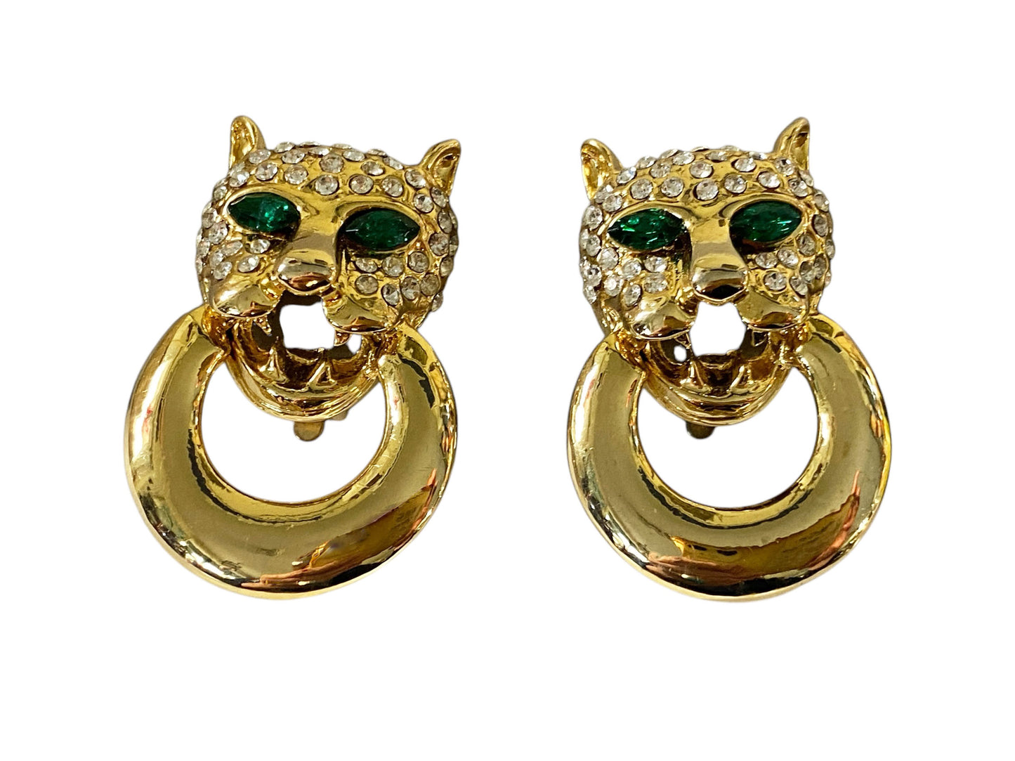 #5936 Vintage Panther Motif Dangle Earclips  Gold tone