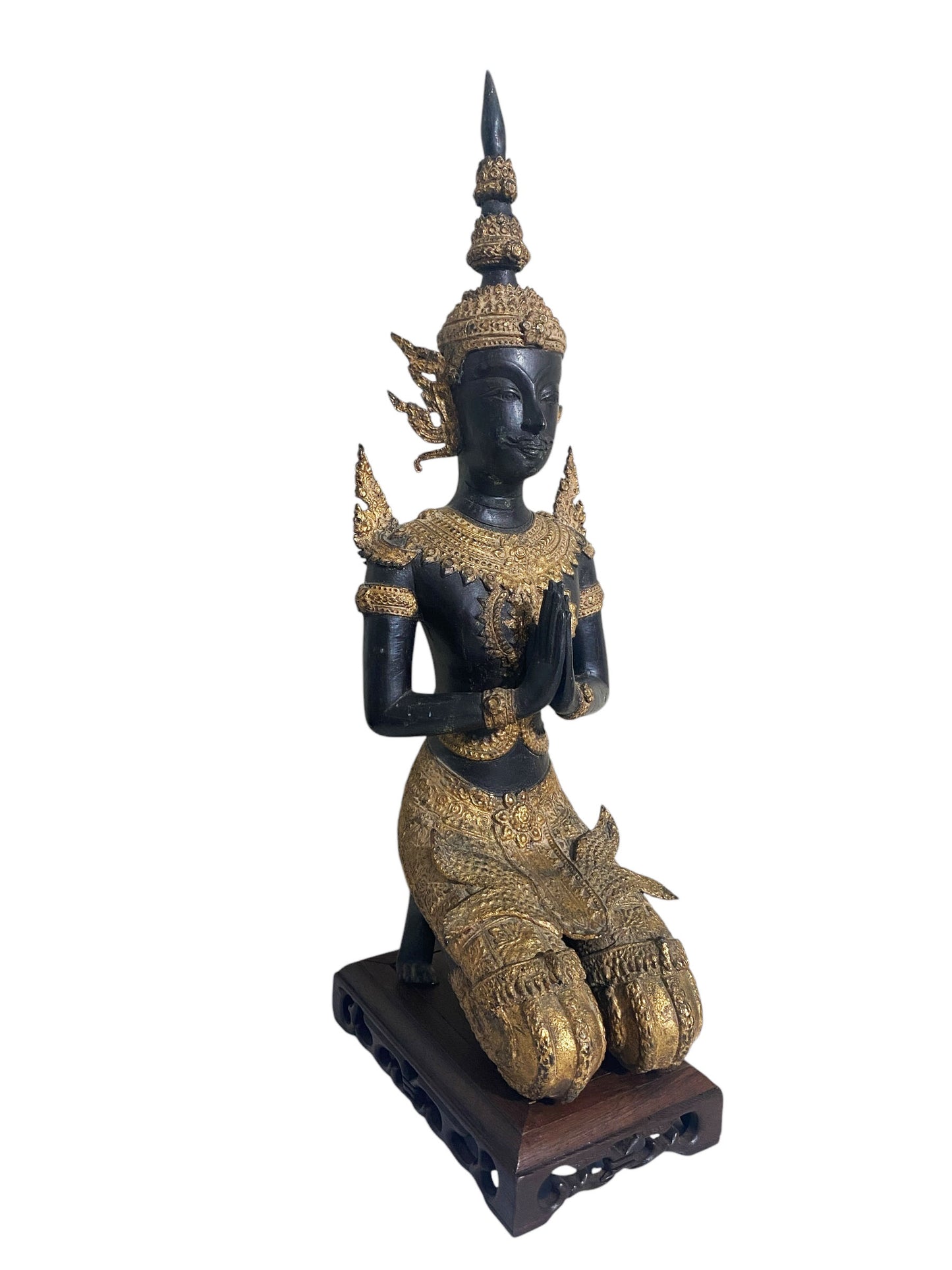 #5679 Vintage Gilt Bronze Thai Statue Teppanom Sacred Guardian Angel Sculpture Statue On Stand 19.5" H
