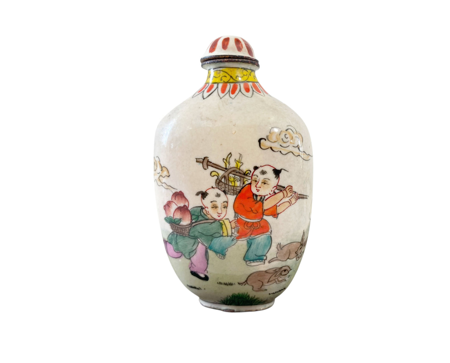 #1874 Vtg Chinoiserie Colorful Enamel Snuff Bottle 3" H