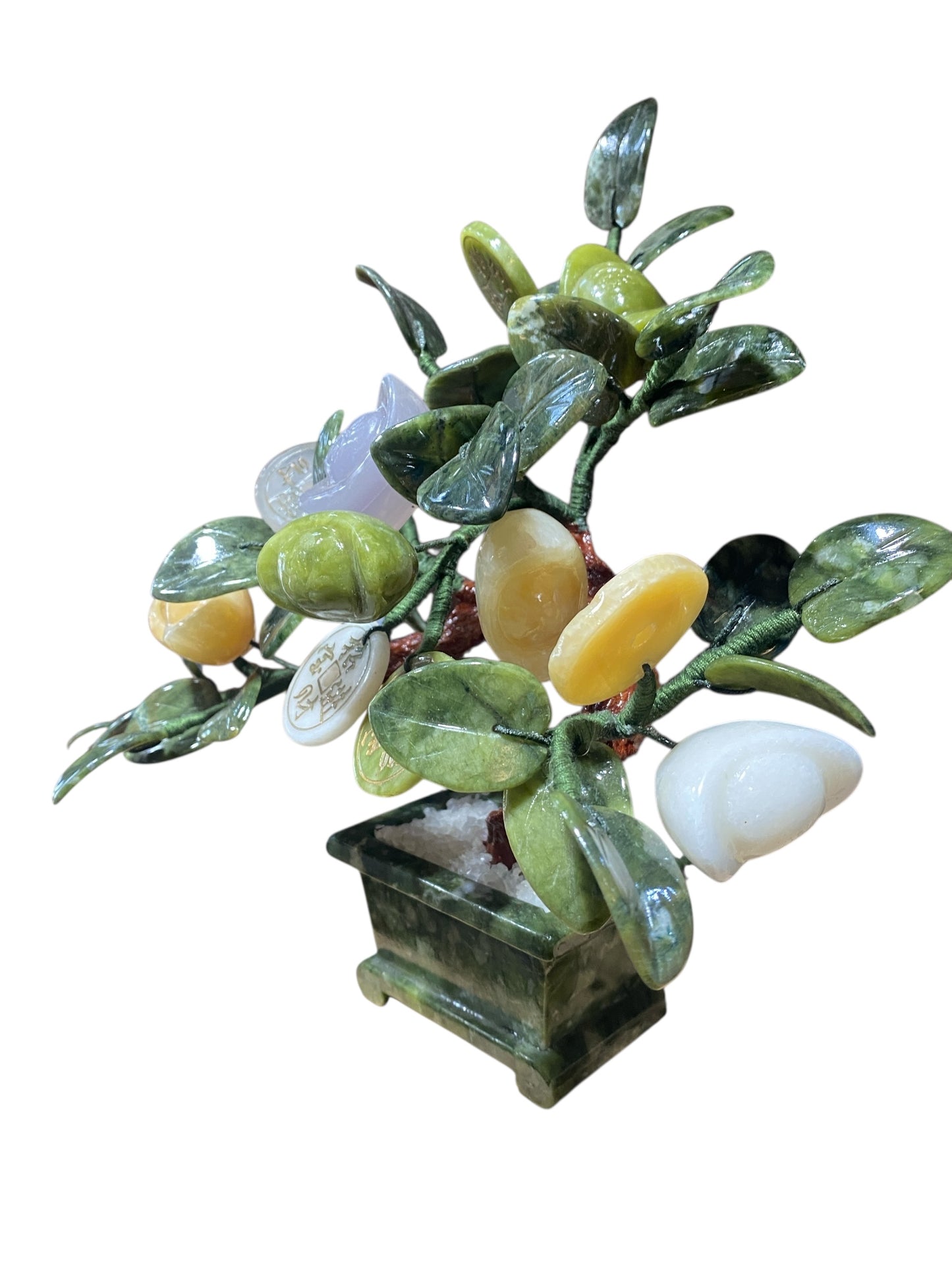 #6785 Vintage Carved Jade color Soap Stone Bonsai Lucky Money Tree 11" H