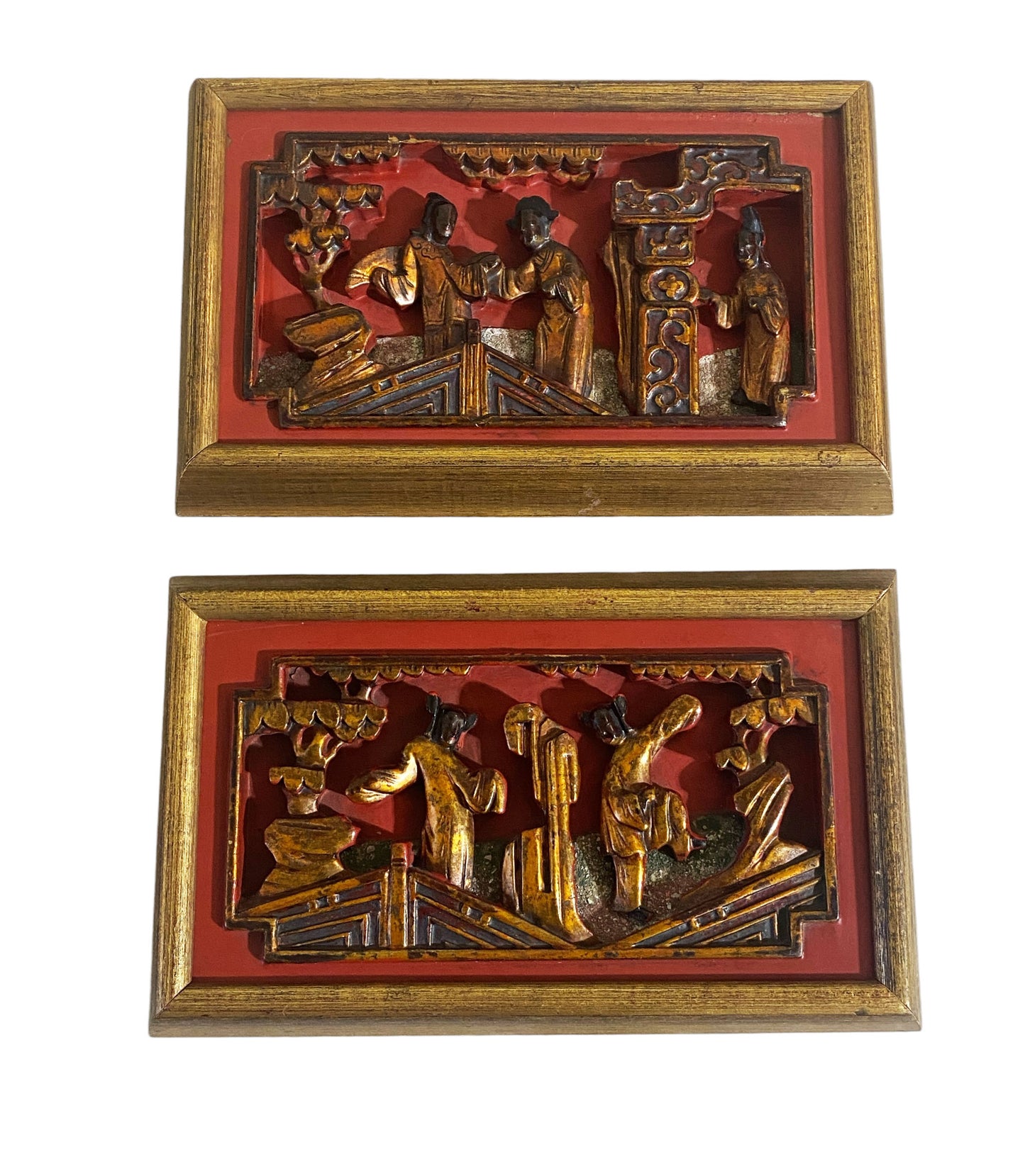 #6218 Antique Chinoiserie Wall Hanging Set of Two Plaques/Panels Framed .