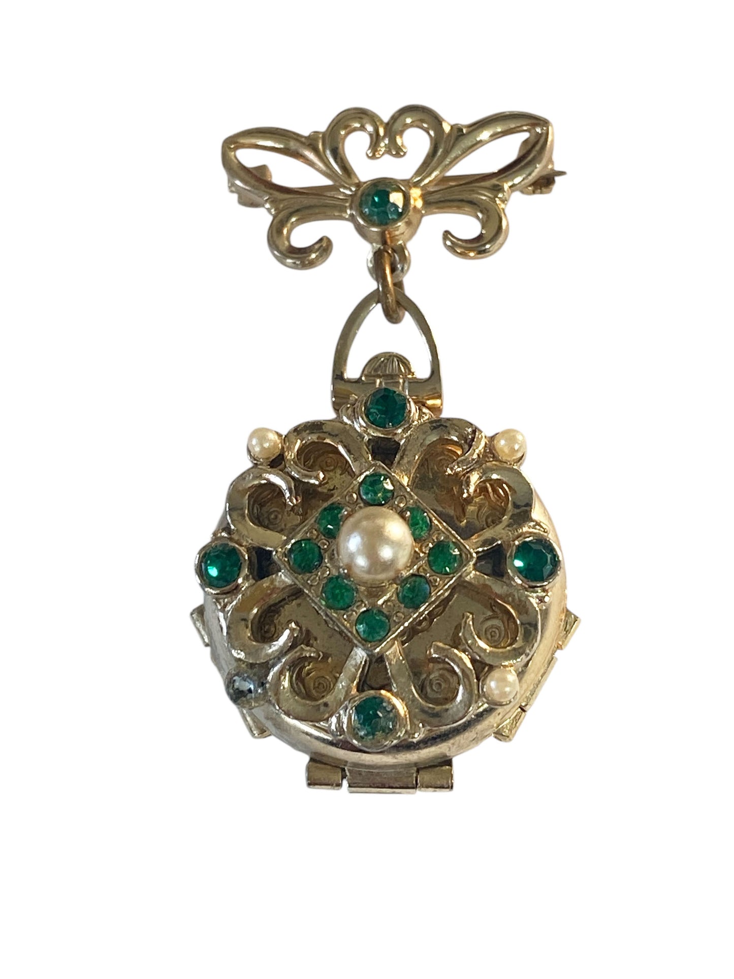 #6294 Vintage Coro Pegasus Fleur-De-Lis Picture Gold Tone Brooch Pin Locket