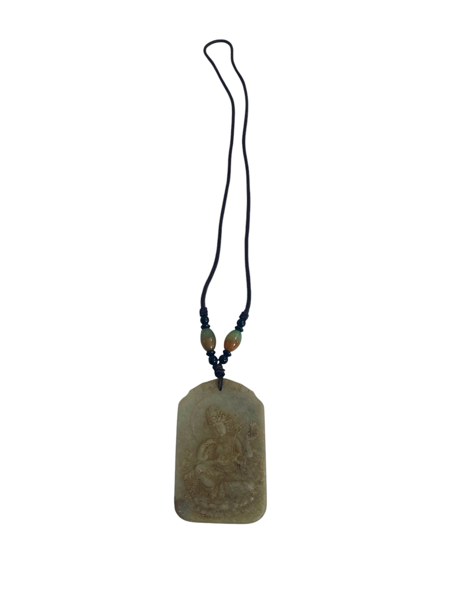 #6385 Vintage Jadeite Jade Carved Wealth Pendant w/ Lord Buddha