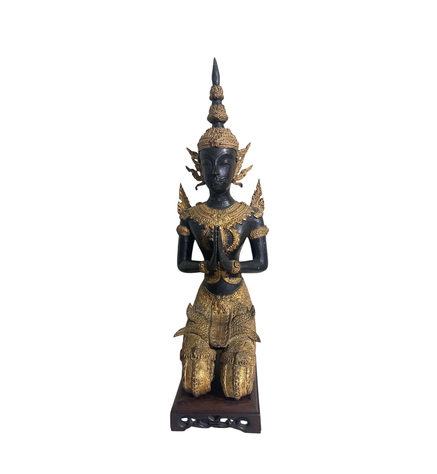 #5679 Vintage Gilt Bronze Thai Statue Teppanom Sacred Guardian Angel Sculpture Statue On Stand 19.5" H