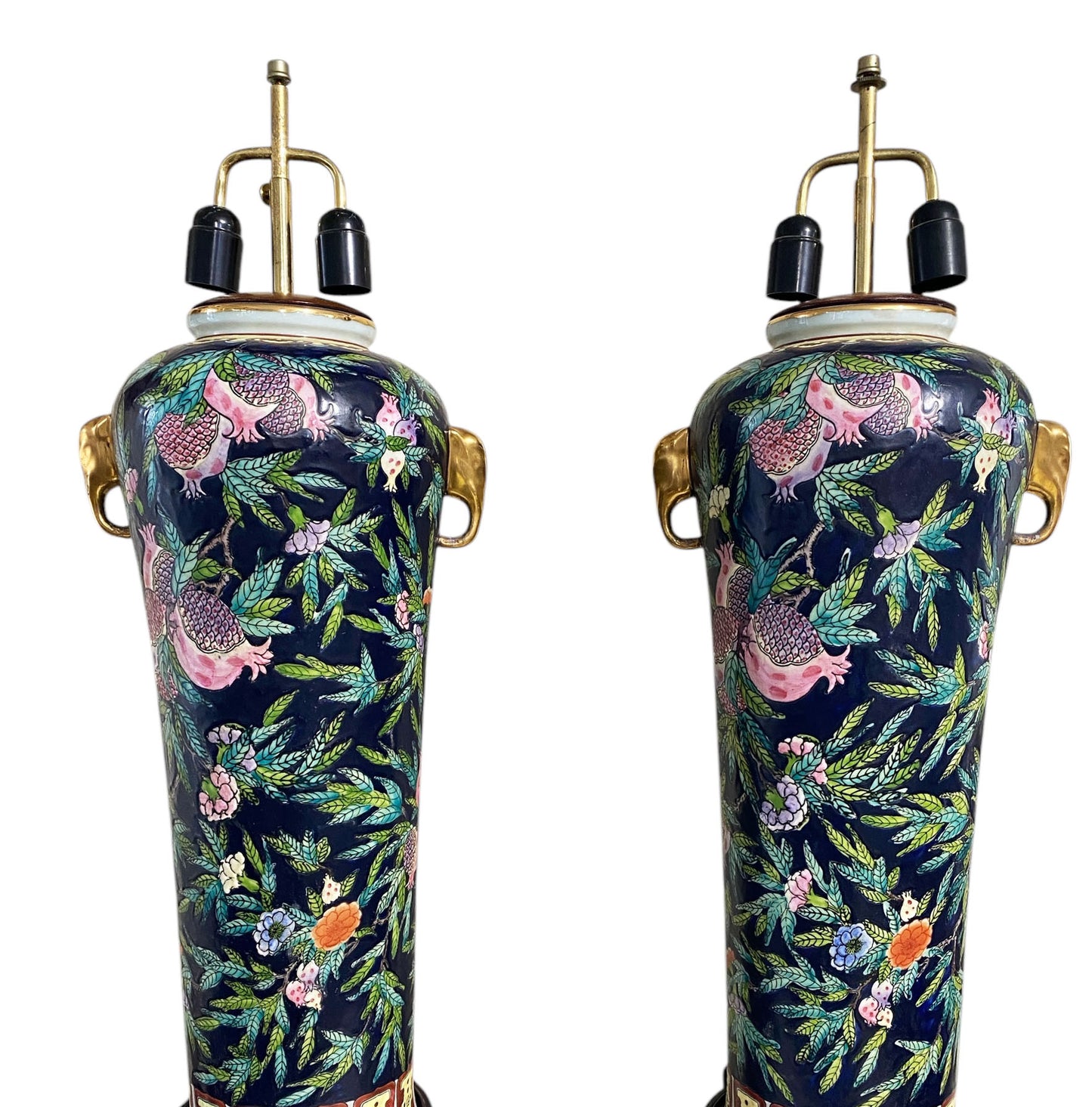 #6416 Vintage Pair of Chinoiserie Porcelain Famille Rose lamps on stands 39" H