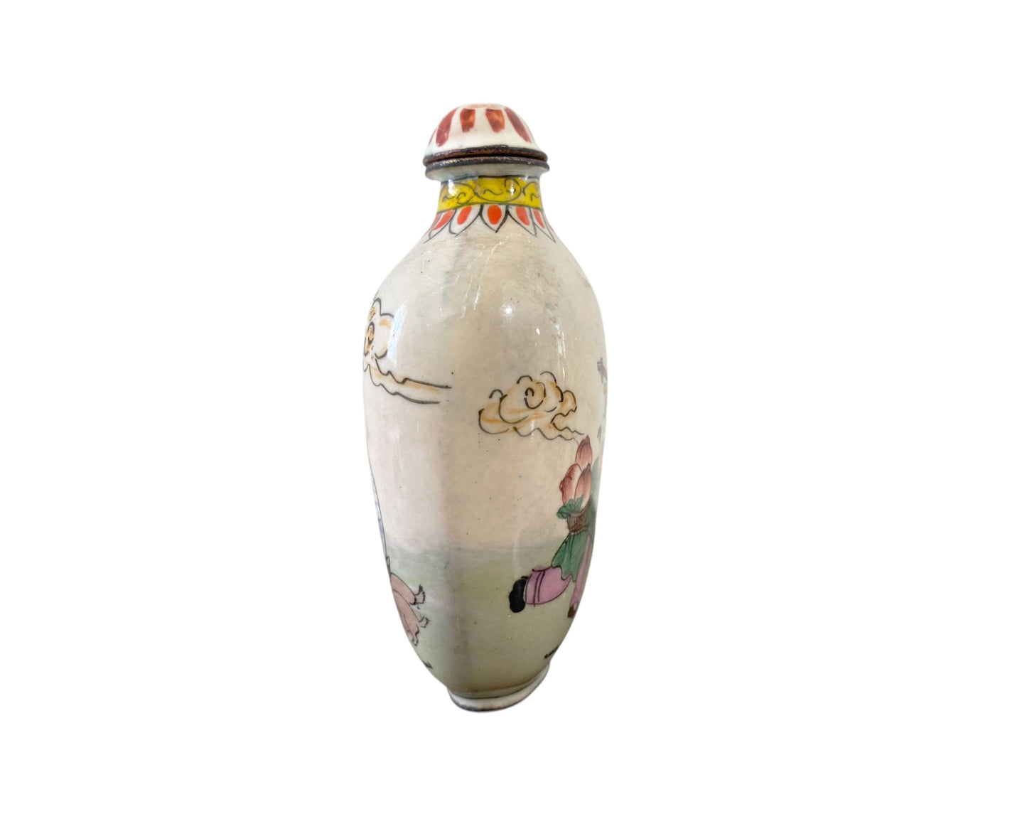 #1874 Vtg Chinoiserie Colorful Enamel Snuff Bottle 3" H