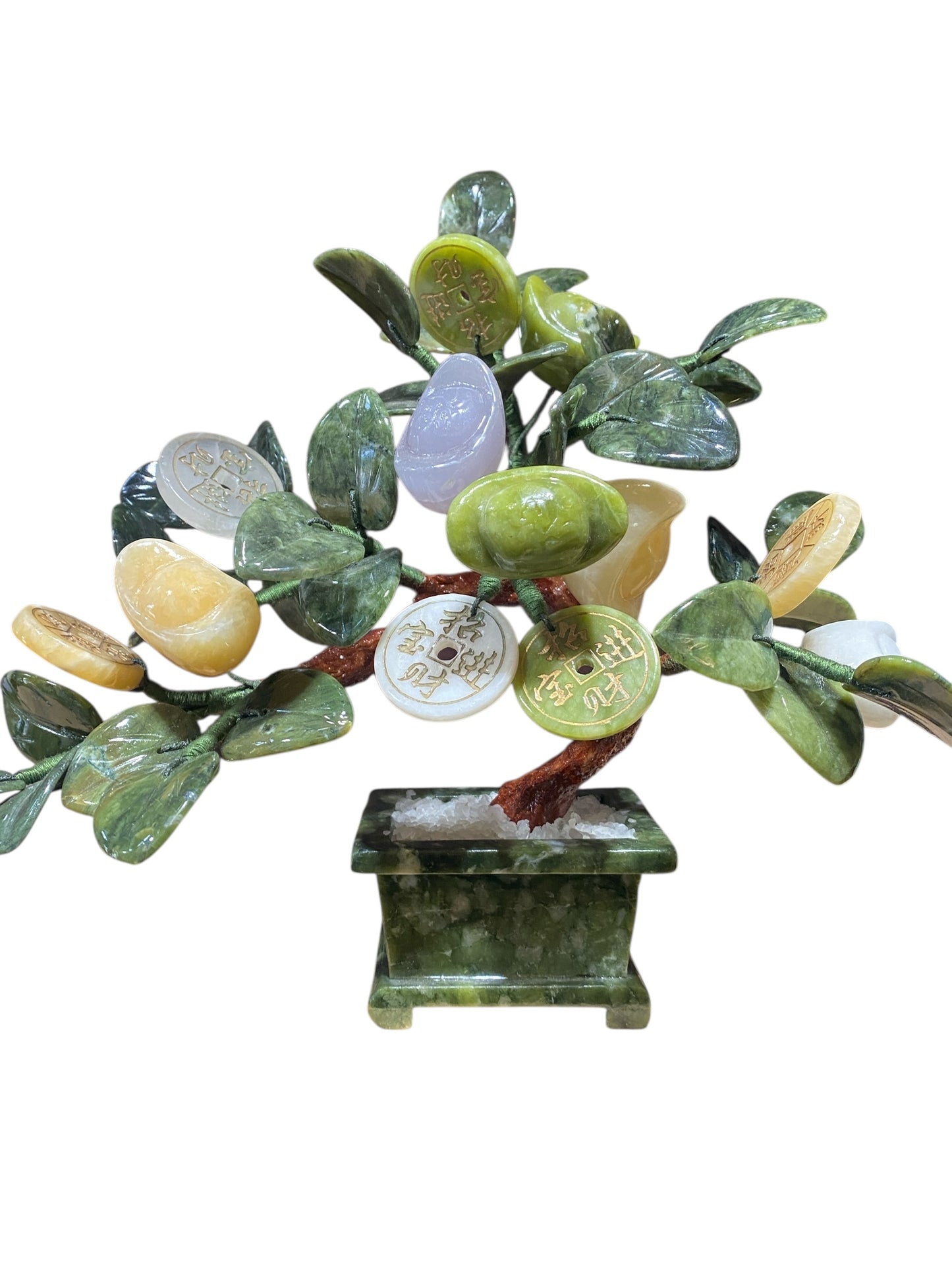 #6785 Vintage Carved Jade color Soap Stone Bonsai Lucky Money Tree 11" H