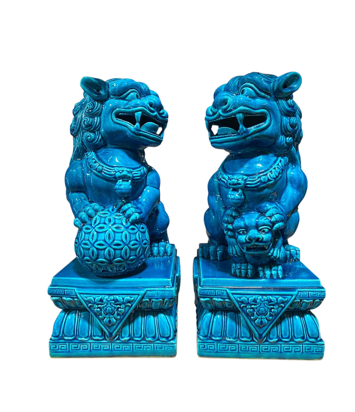 #6799 Vintage Porcelain Turquoise Foo Dogs - A Pair 11.5" H