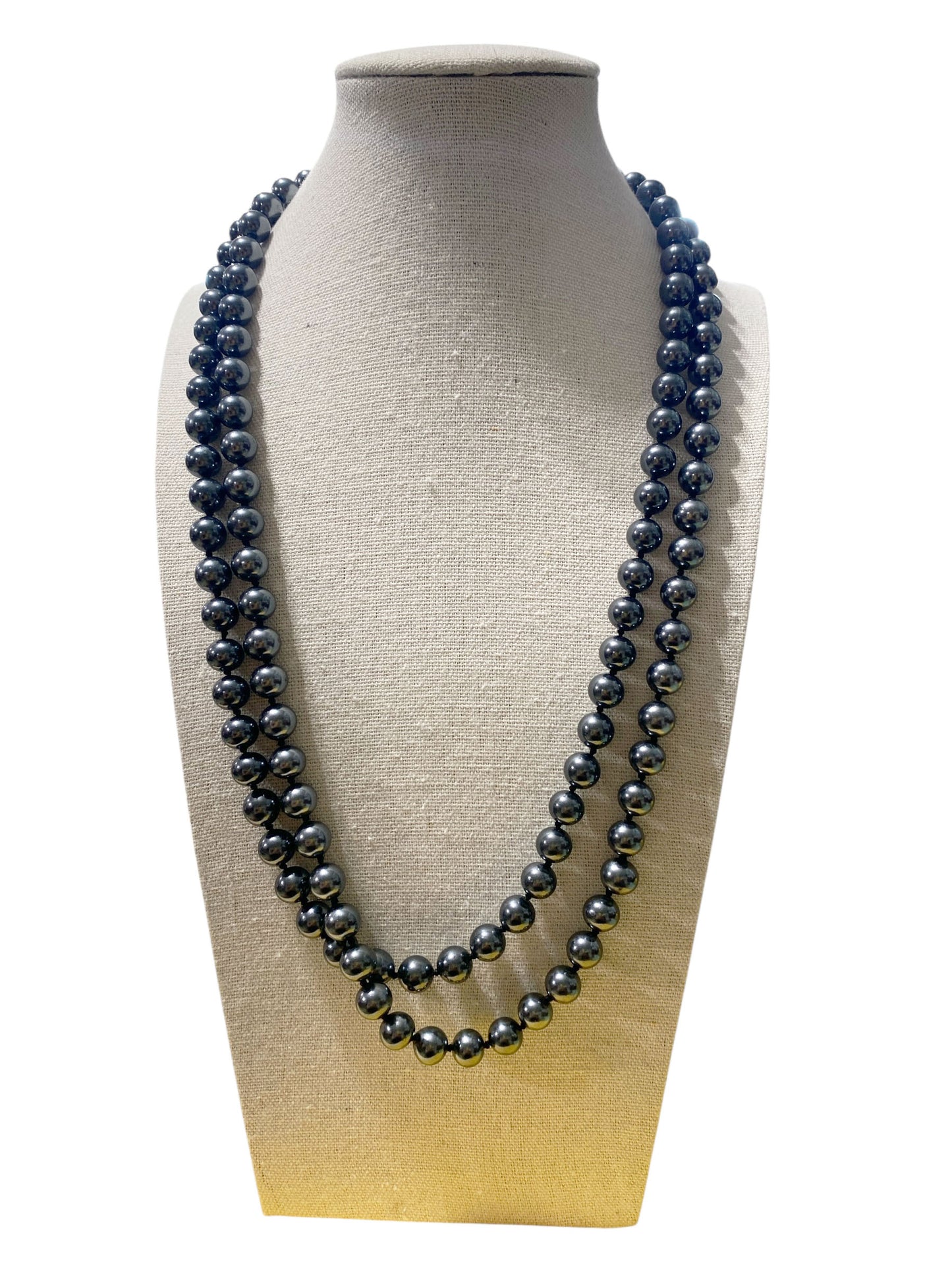 #22 Long Vintage two Strand Faux Black Pearl with Beige Focal Necklace