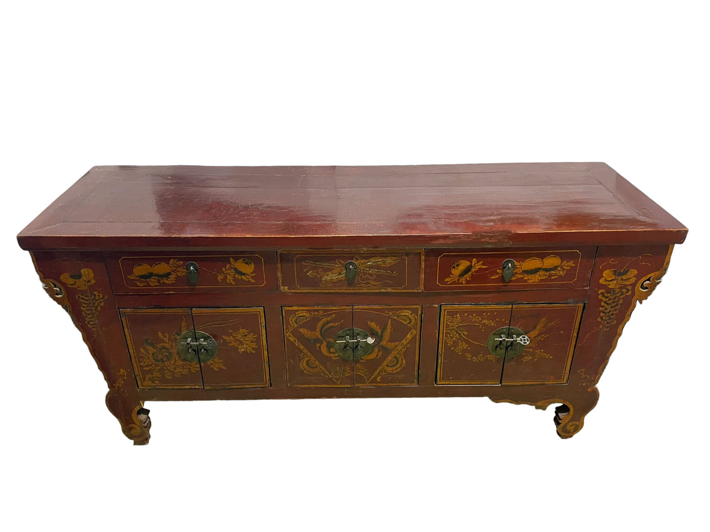 #5937 Asian Cantonese Hand Painted Wood Low Chest 26" H