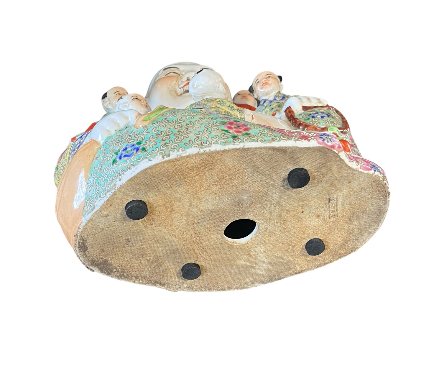 #6368 Vintage Chinese Porcelain Happy Laugh Maitreya Buddha Five Children Statue 11.5" H