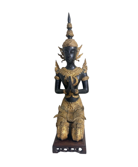 #5679 Vintage Gilt Bronze Thai Statue Teppanom Sacred Guardian Angel Sculpture Statue On Stand 19.5" H
