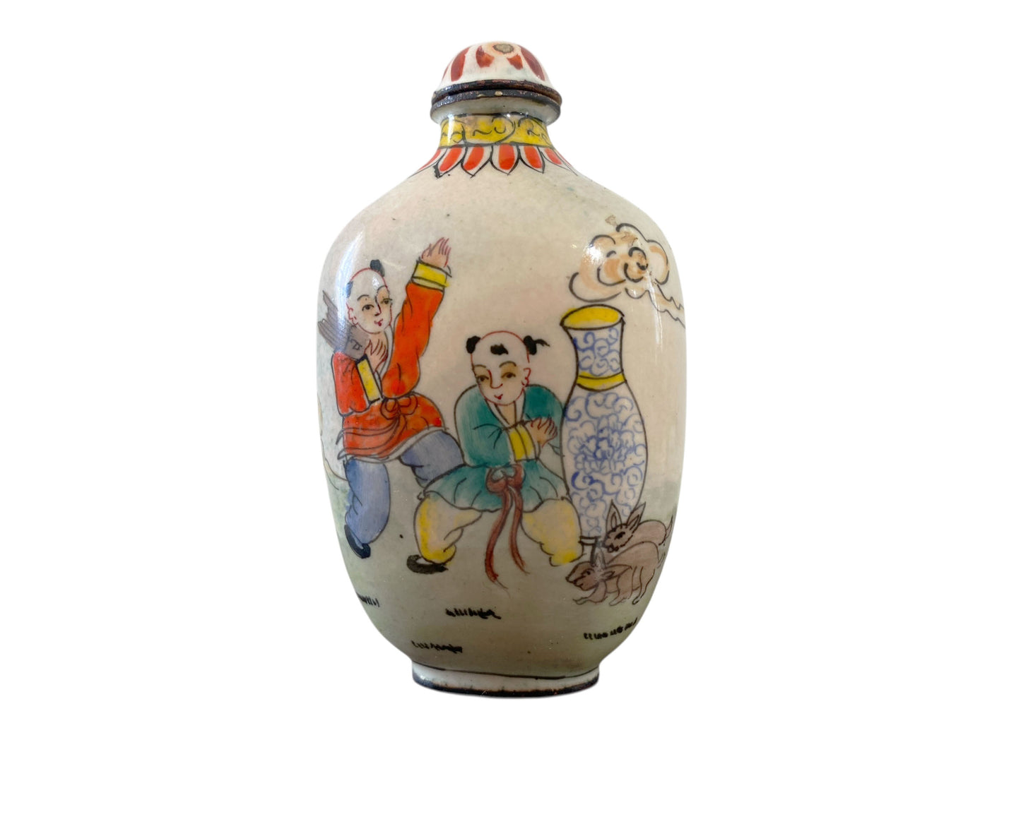 #1874 Vtg Chinoiserie Colorful Enamel Snuff Bottle 3" H