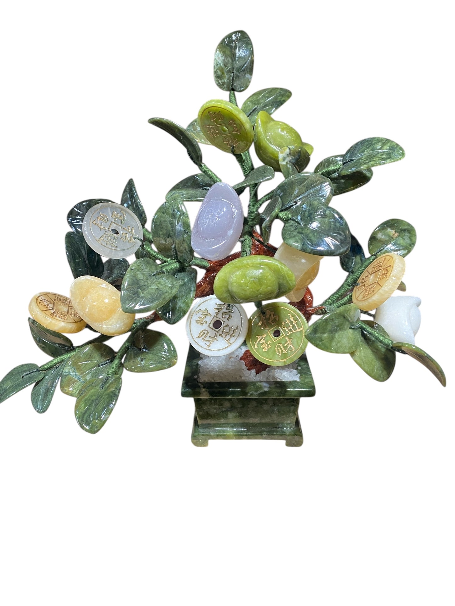 #6785 Vintage Carved Jade color Soap Stone Bonsai Lucky Money Tree 11" H