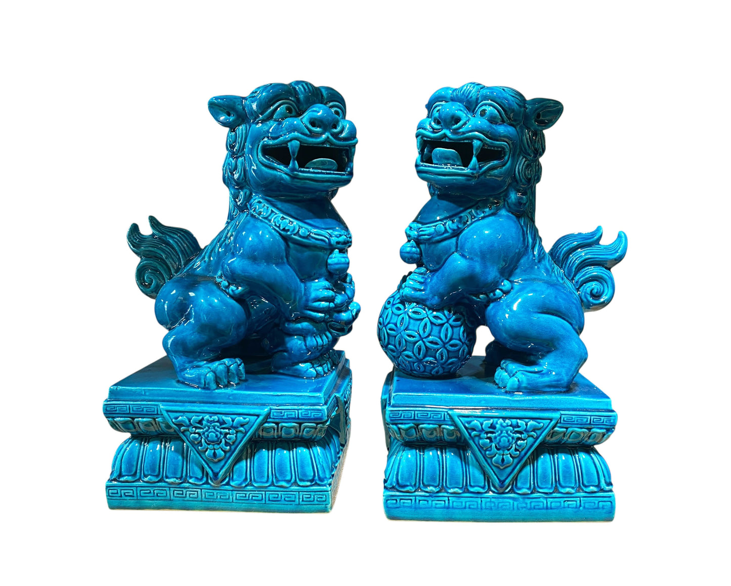 #6799 Vintage Porcelain Turquoise Foo Dogs - A Pair 11.5" H
