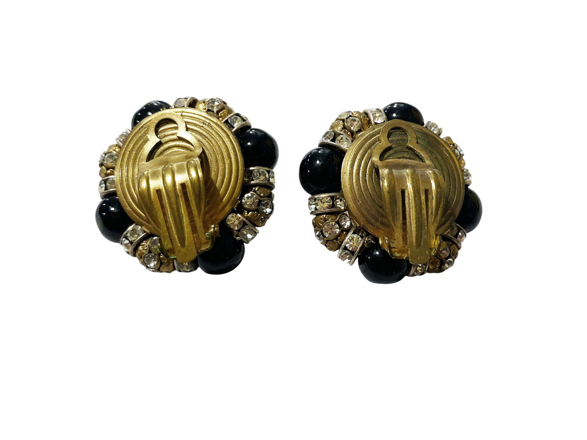 #41 Vintage Mid-Century Faux Diamond & Beige and black Pearls cluster clip-on earrings