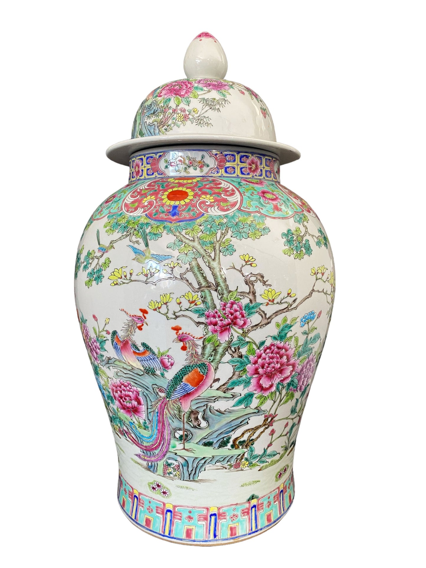 #5949 LG Chinoiserie  Famille Rose Porcelain Ginger Jar 26" H