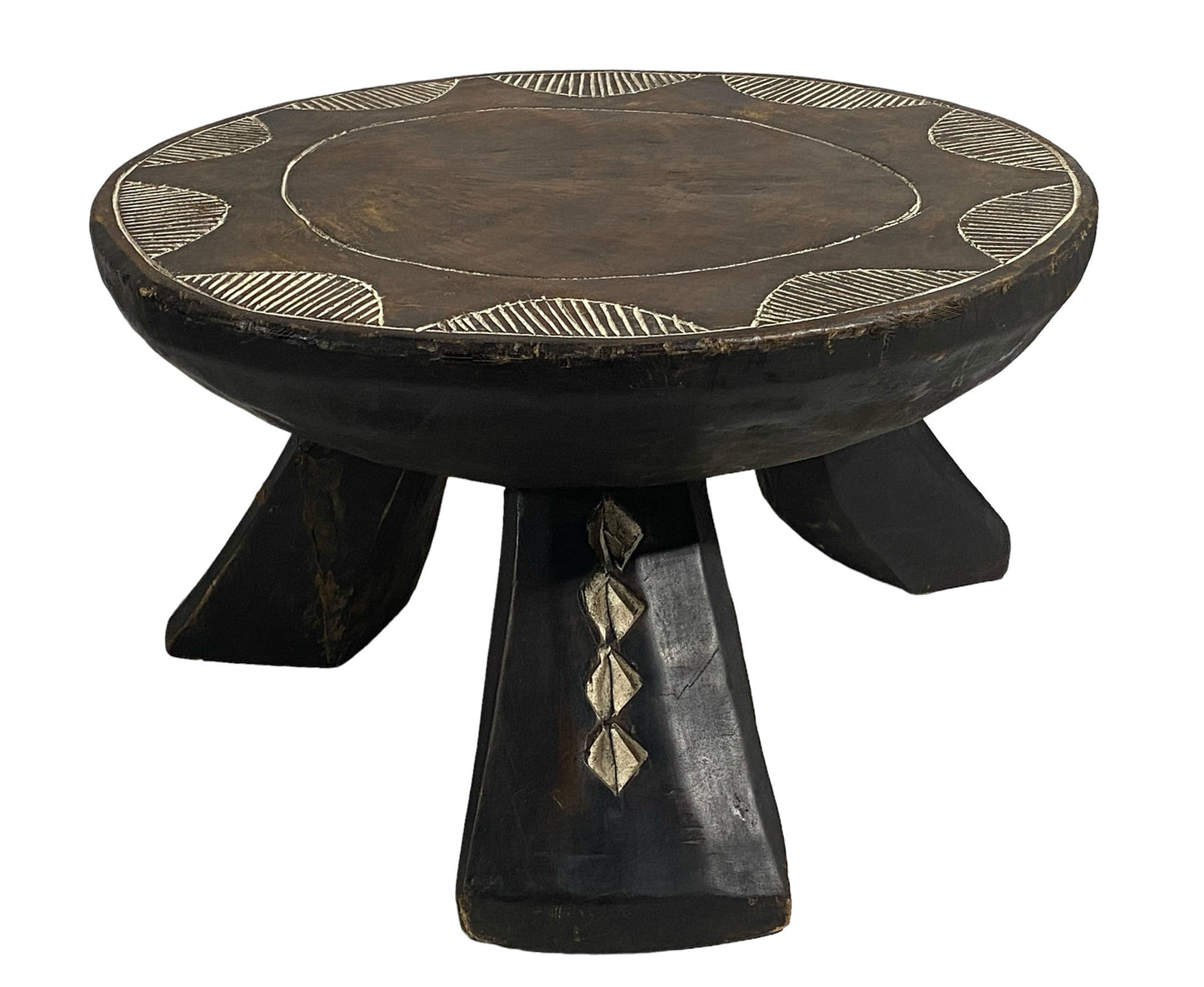#6064 Old African Baule Low Stool with Carved Pattern 9.5" H by 17" w