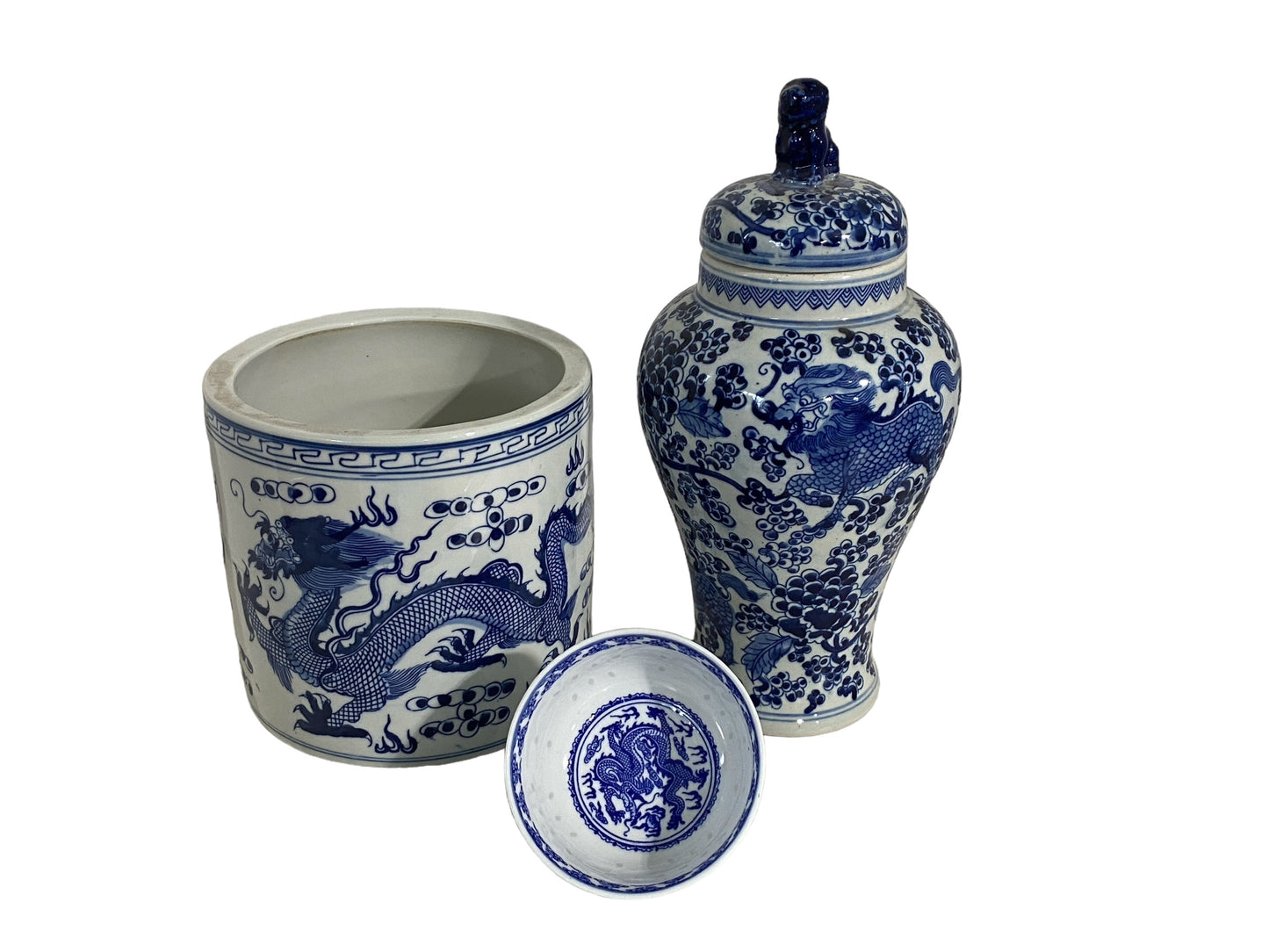 #7249 Set of Three Blue And White Ginger Jar/ Cachepot/Bowl
