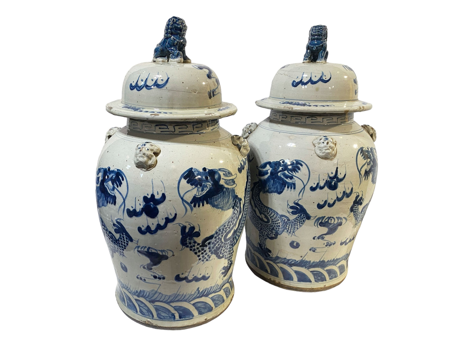 #7268 Large Chinoiserie Dragons Ginger Jars Set Of Two 24" H
