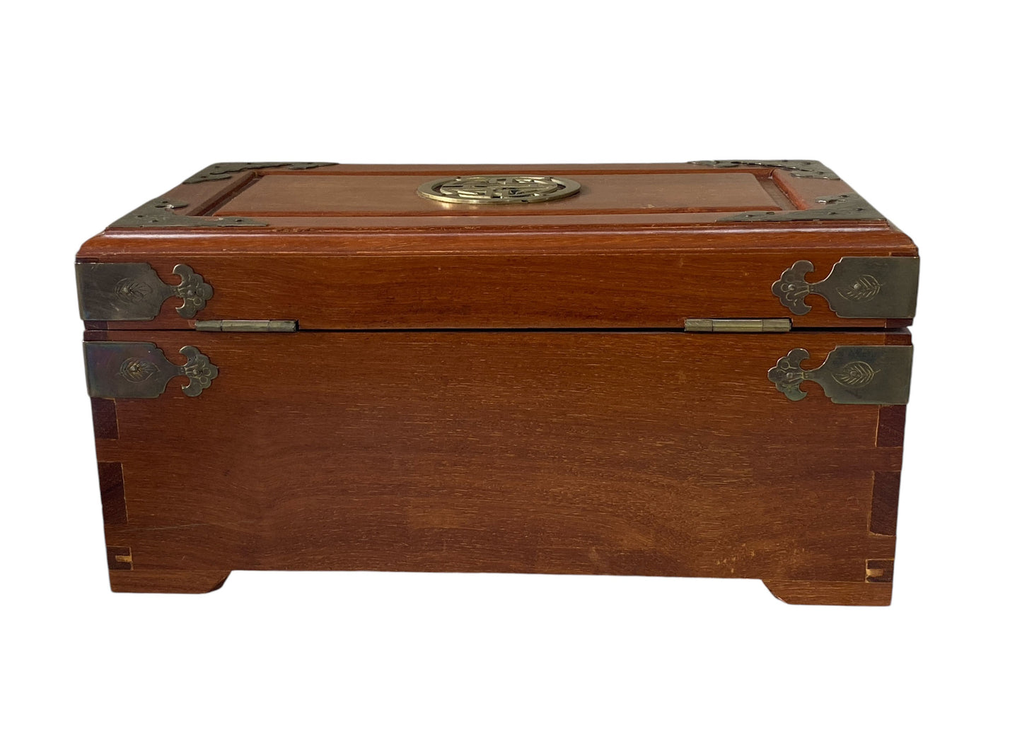#6234 Vintage Asian Wood & Brass Jewelry Or Storage Box 12" W