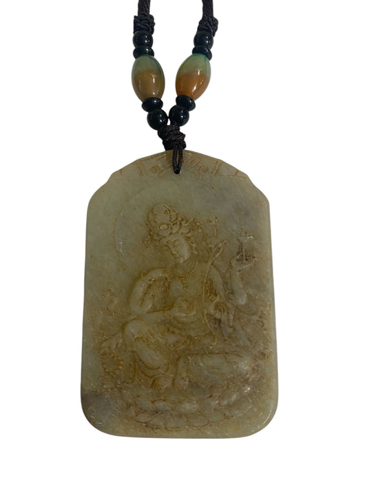 #6385 Vintage Jadeite Jade  Carved Wealth  Pendant w/ Lord Buddha