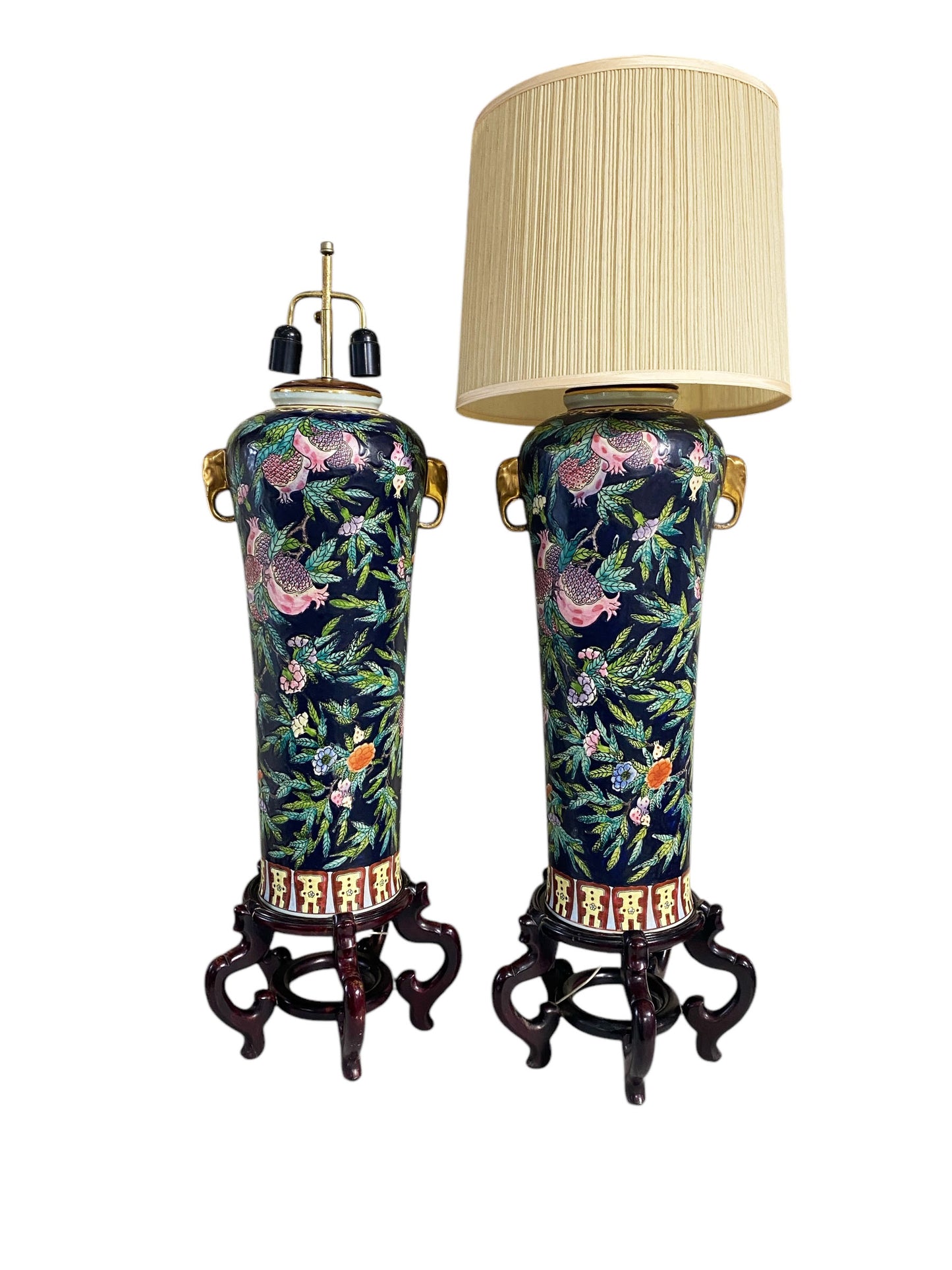 #6416 Vintage Pair of Chinoiserie Porcelain Famille Rose lamps on stands 39" H