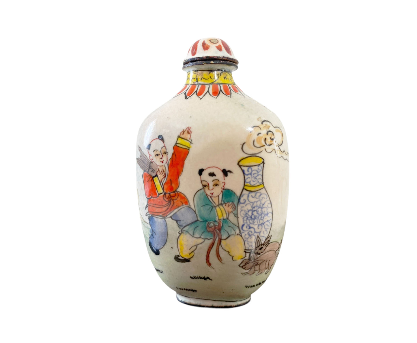 #1874 Vtg Chinoiserie Colorful Enamel Snuff Bottle 3" H