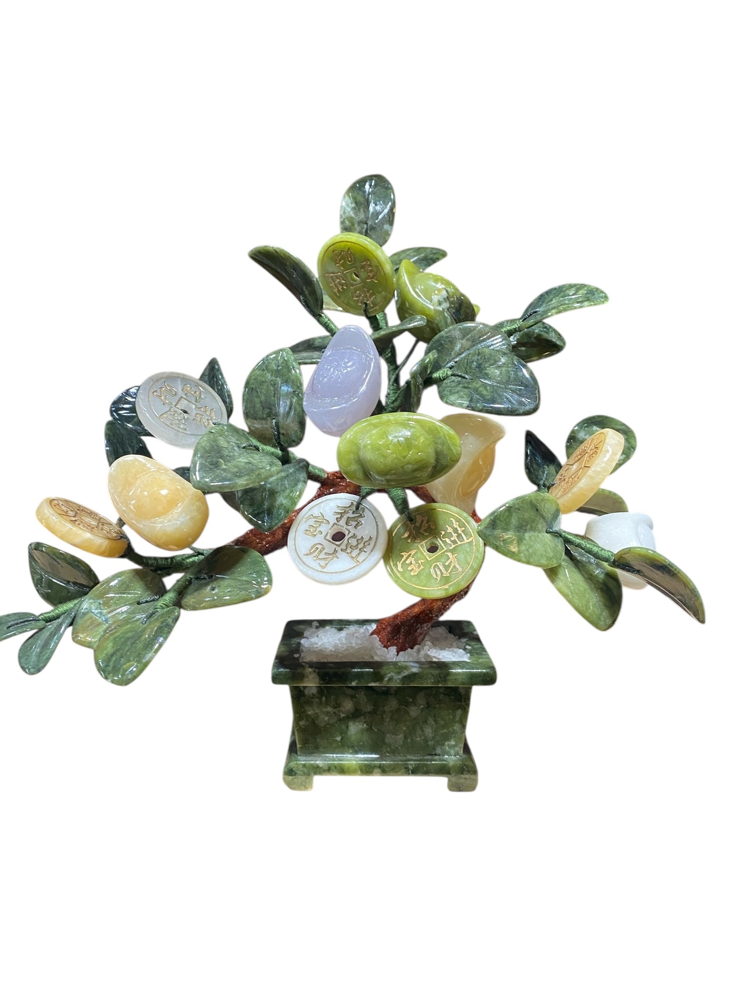 #6785 Vintage Carved Jade color Soap Stone Bonsai Lucky Money Tree 11" H