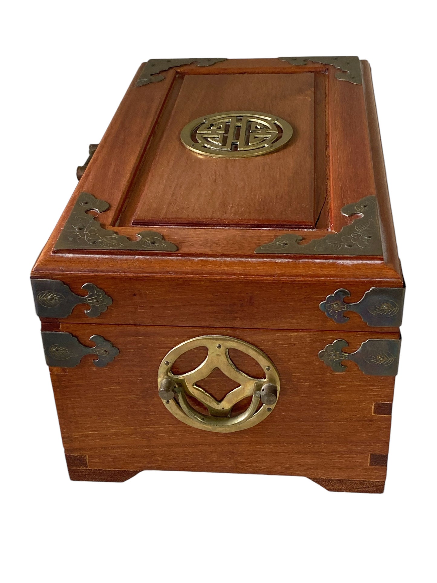 #6234 Vintage Asian Wood & Brass Jewelry Or Storage Box 12" W