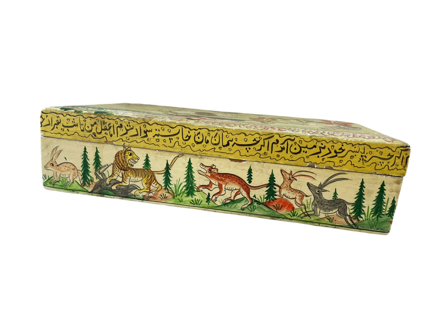 #6229 Vintage Kashmiri Hunting Scene Wooden Trinket Box 8" W