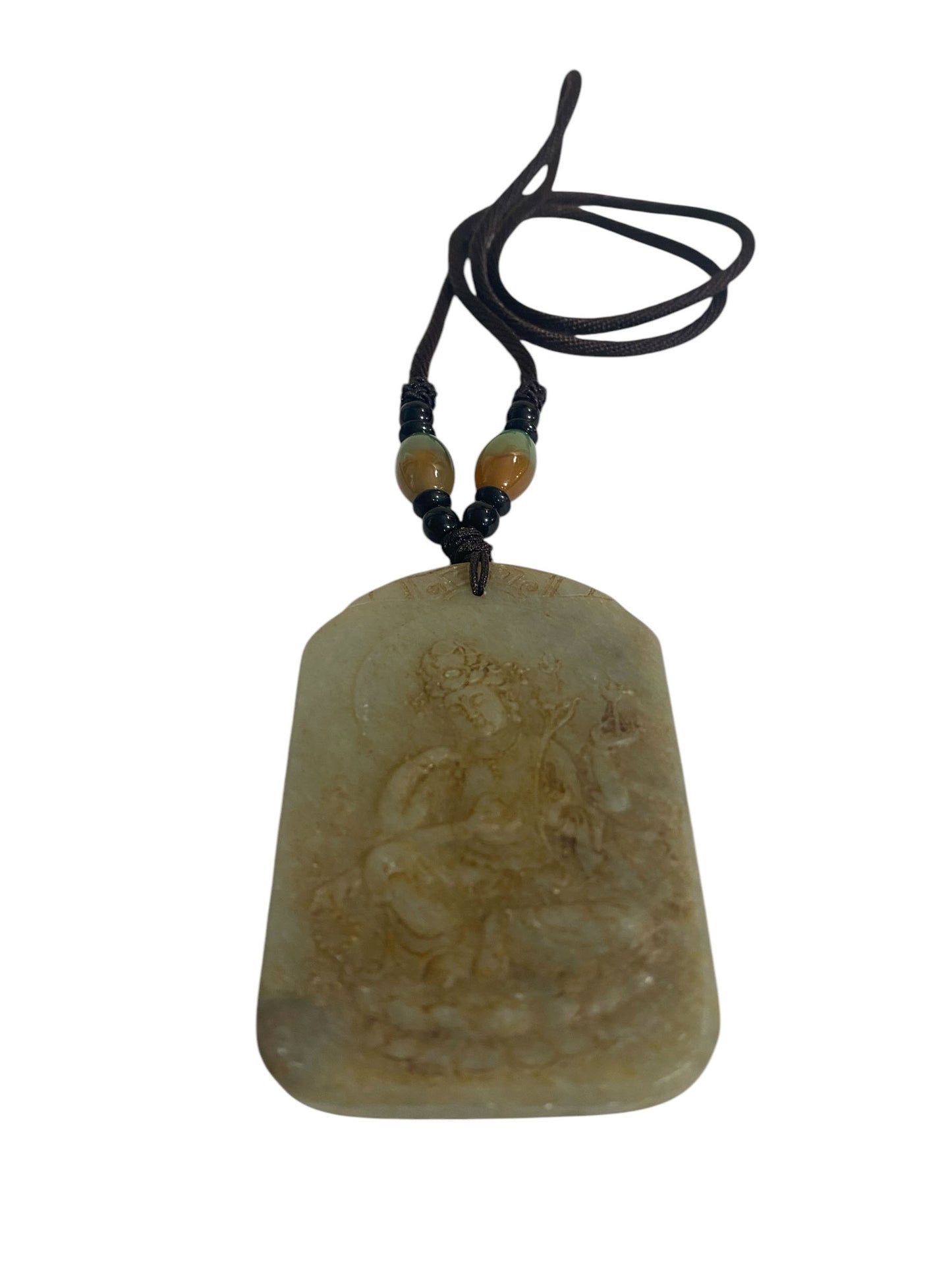 #6385 Vintage Jadeite Jade Carved Wealth Pendant w/ Lord Buddha