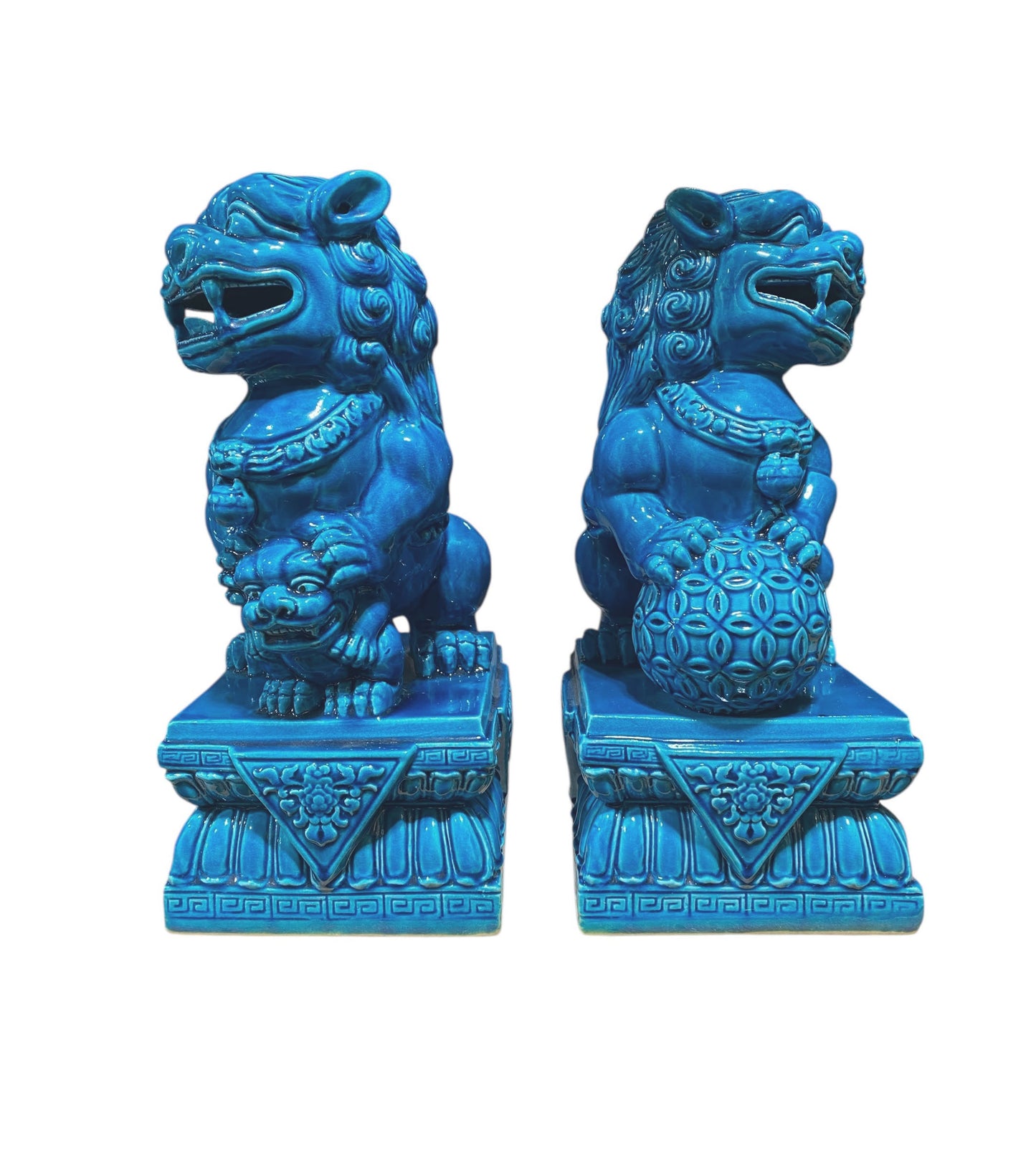 #6799 Vintage Porcelain Turquoise Foo Dogs - A Pair 11.5" H
