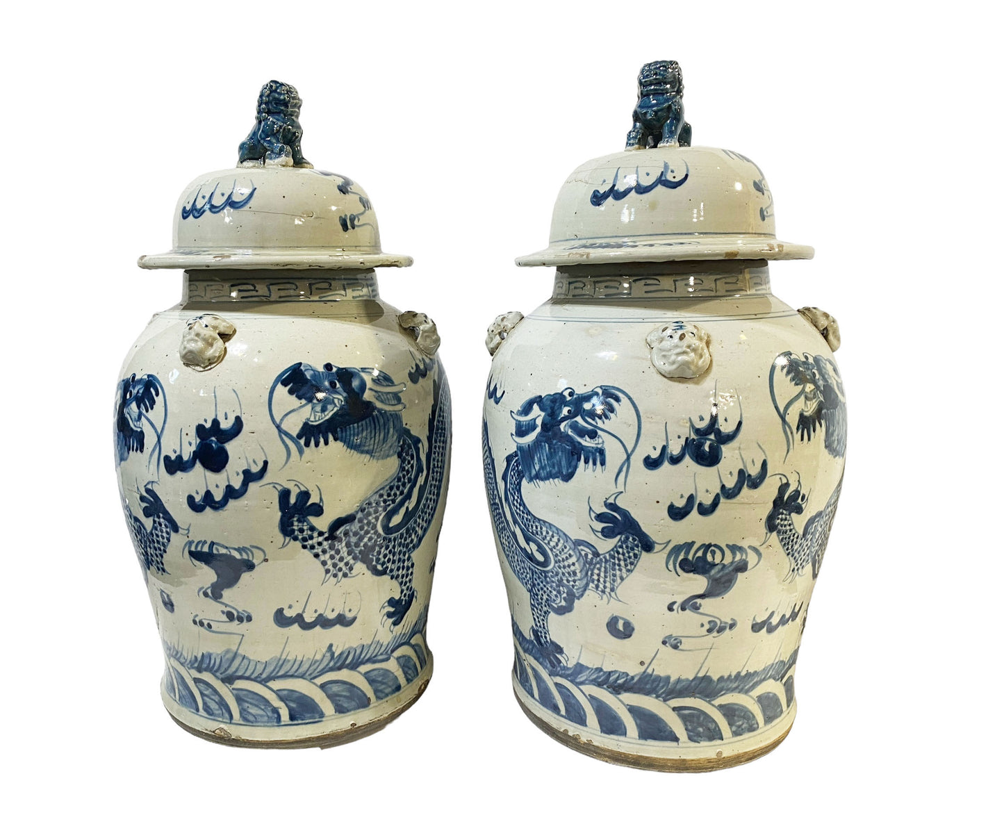 #7268 Large Chinoiserie Dragons Ginger Jars Set Of Two 24" H