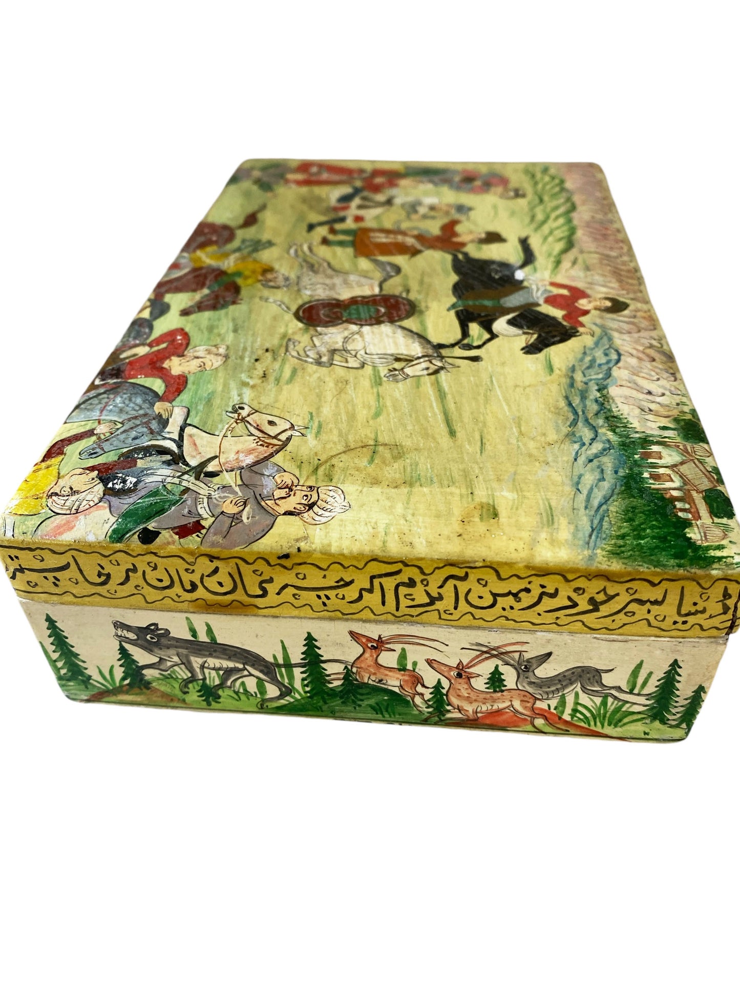 #6229 Vintage Kashmiri Hunting Scene Wooden Trinket Box 8" W