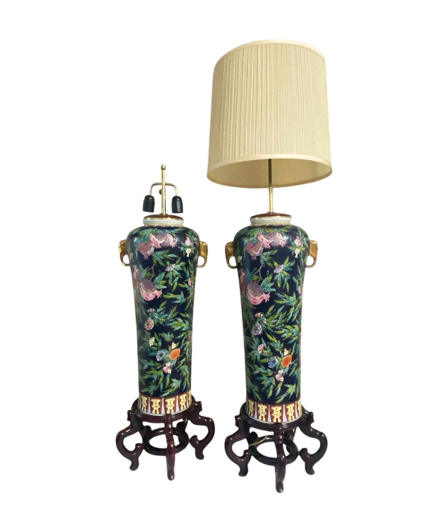 #6416 Vintage Pair of Chinoiserie Porcelain Famille Rose lamps on stands 39" H