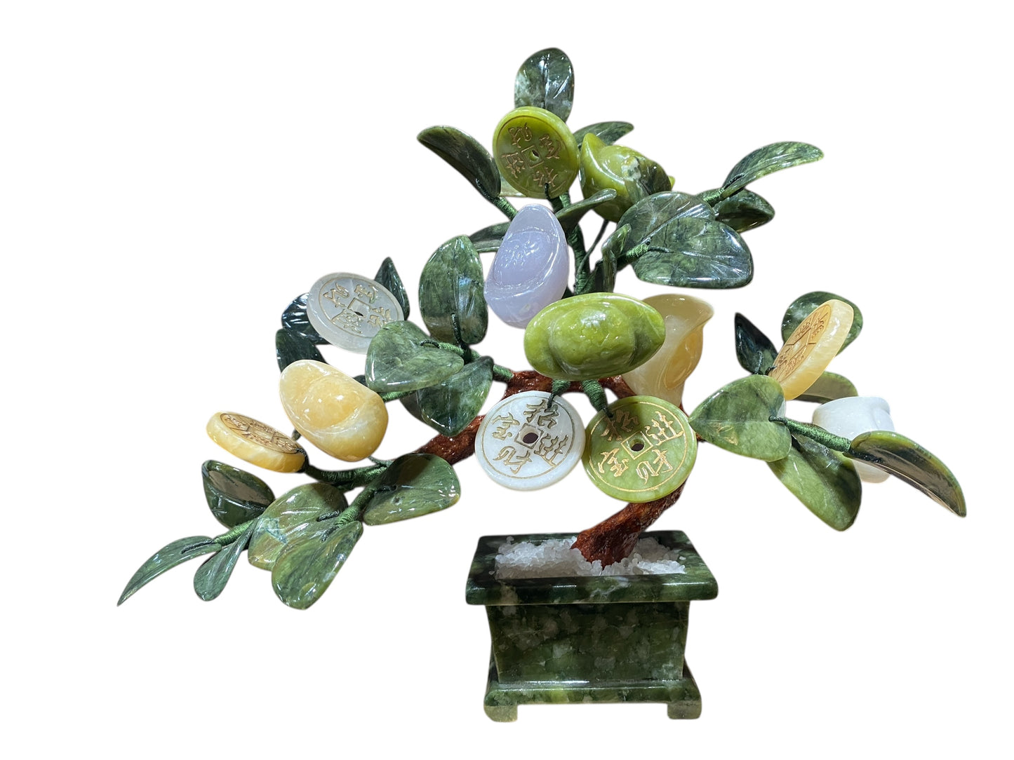 #6785 Vintage Carved Jade color Soap Stone Bonsai Lucky Money Tree 11" H