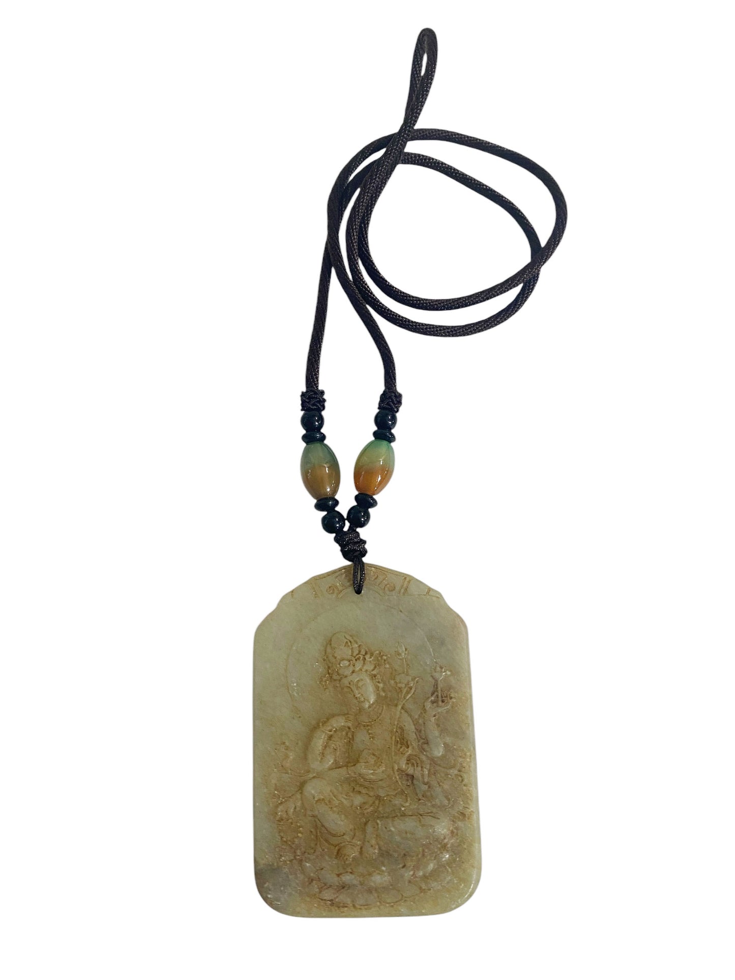 #6385 Vintage Jadeite Jade Carved Wealth Pendant w/ Lord Buddha