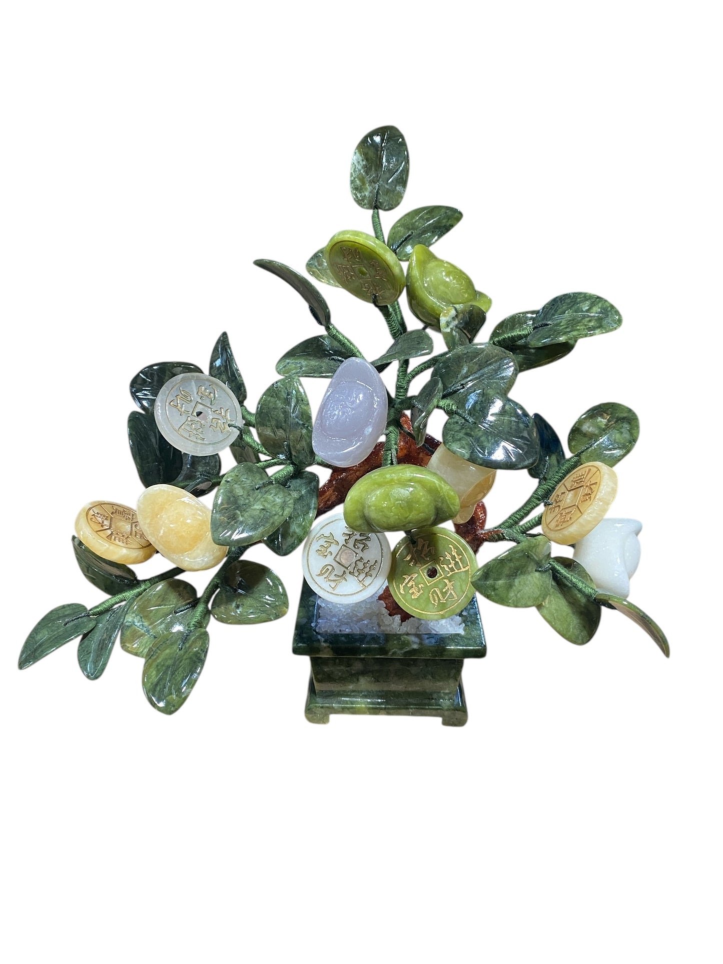 #6785 Vintage Carved Jade color Soap Stone Bonsai Lucky Money Tree 11" H