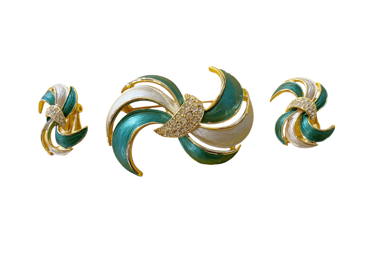 #18 Vintage set of a Brooch Pin & Earrings Gold Tone with enamel Leaf Feather