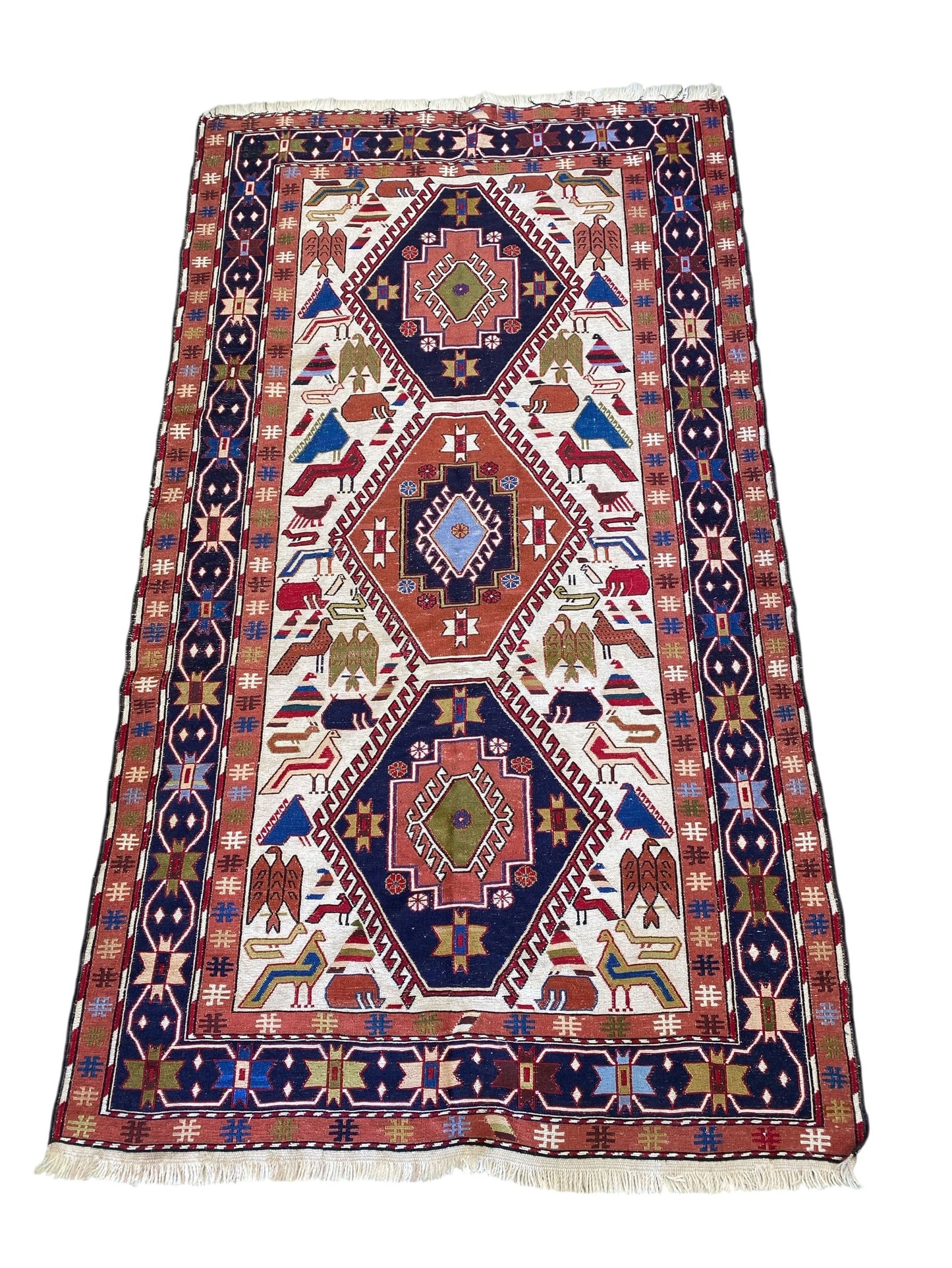 #518 Vintage Caucasian Soumack Flat Handwoven Rug 3'8" X 6'7" w/ Birds